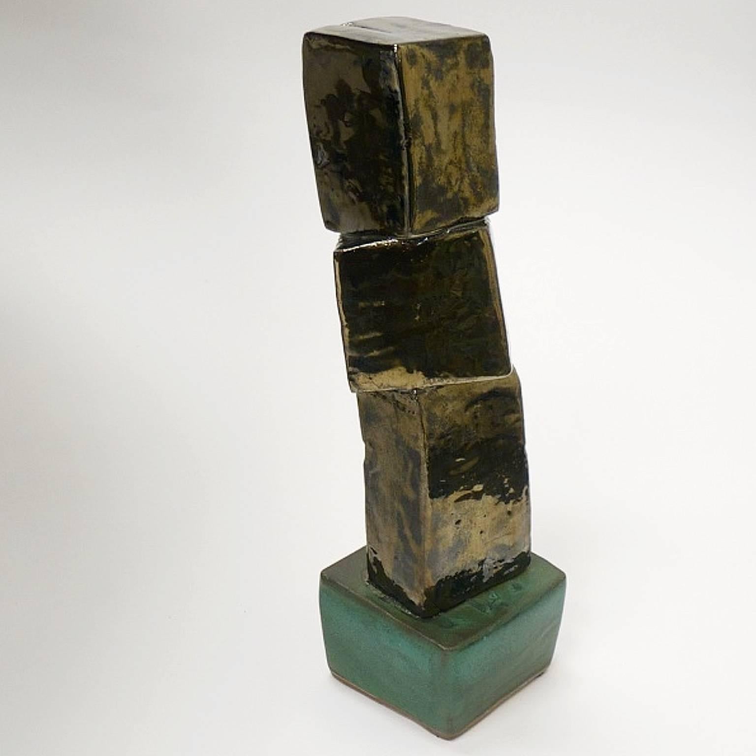 Metallic & Organic Green Glazed Brutalist Ceramic TOTEM Sculpture by Judy Engel 3