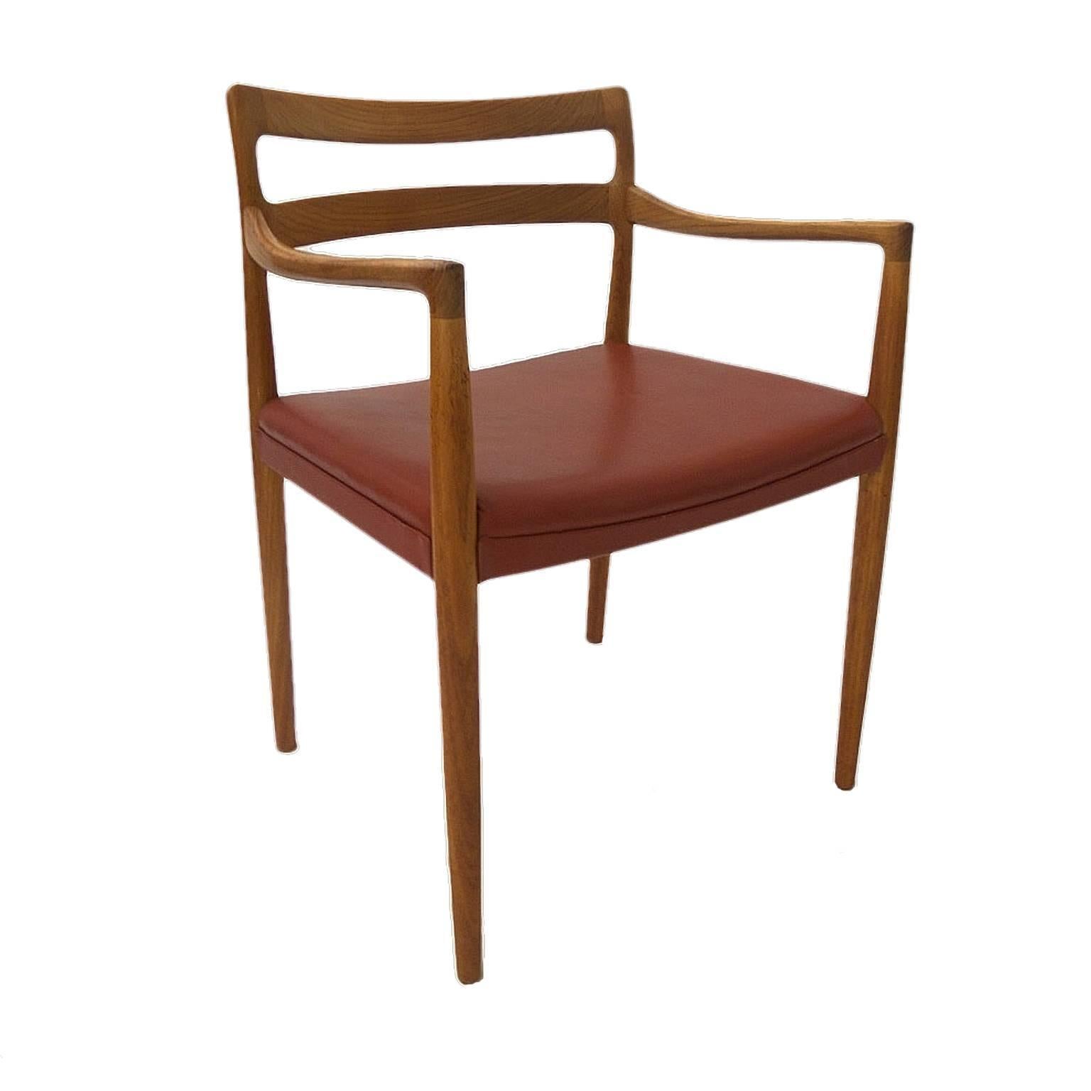 Six Danish Modern Sculptural Dining Chairs attr. H.W. Klein -Teak & Red Leather 3