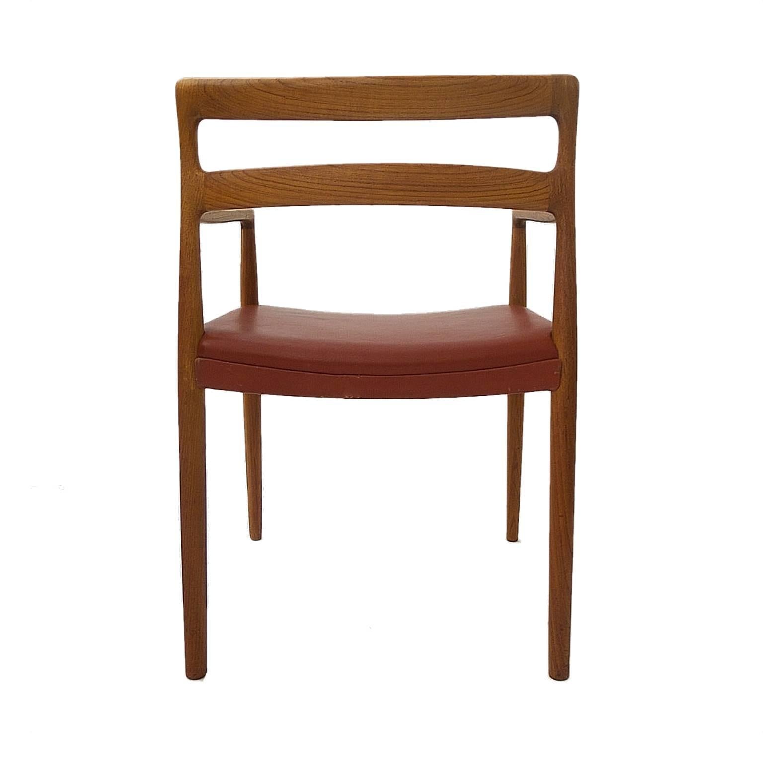 Six Danish Modern Sculptural Dining Chairs attr. H.W. Klein -Teak & Red Leather 4