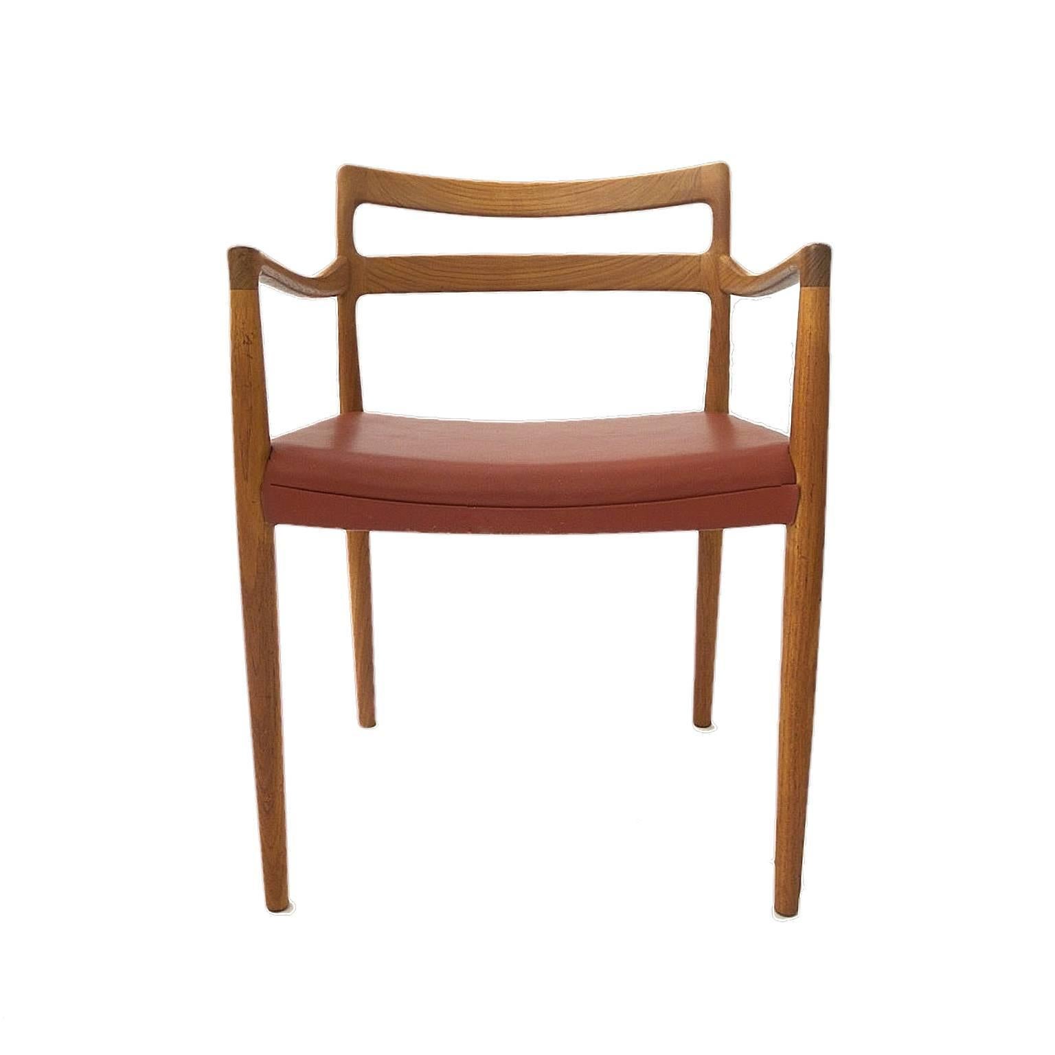 Six Danish Modern Sculptural Dining Chairs attr. H.W. Klein -Teak & Red Leather 5