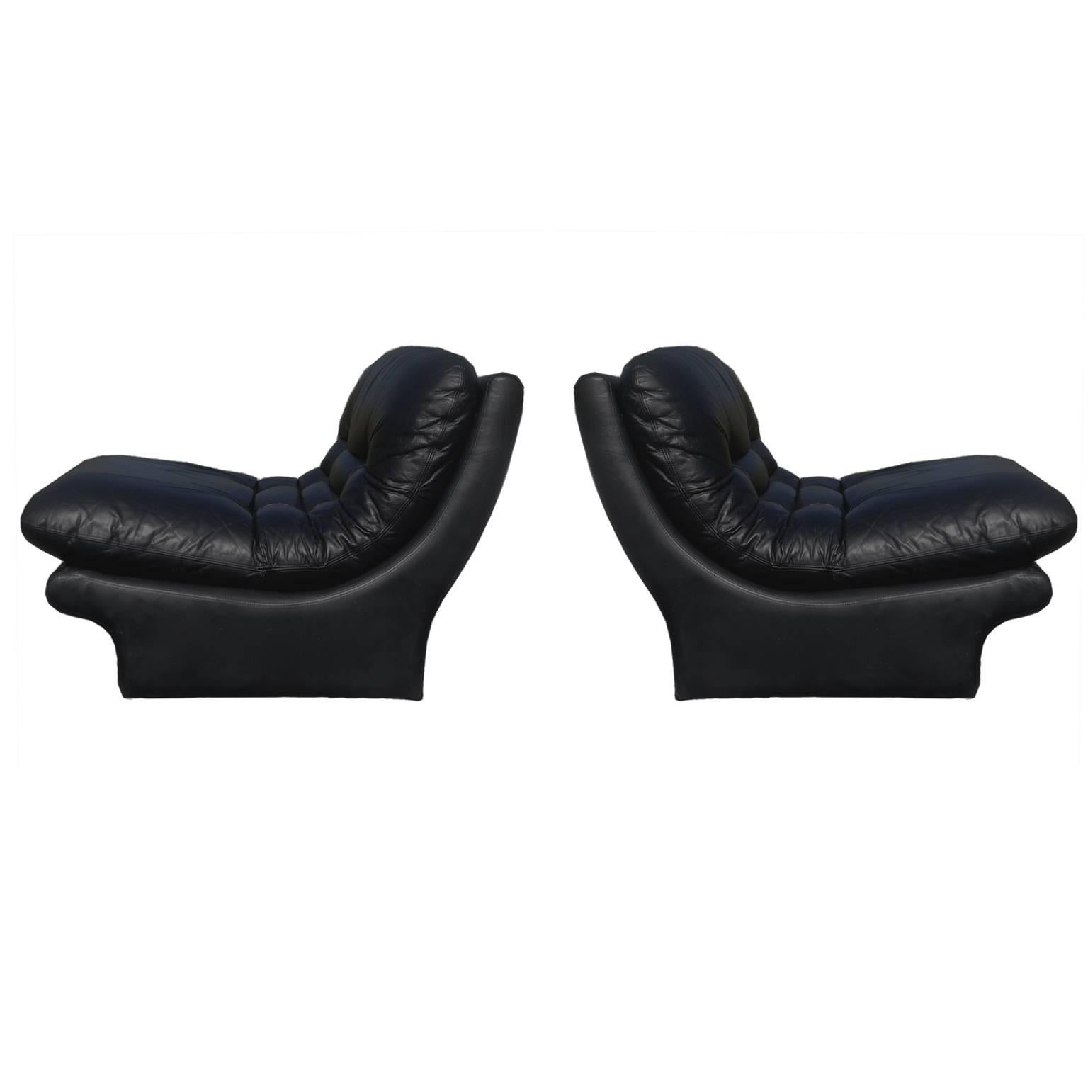 Two Pair of Black Leather Vladimir Kagan Style Lounge Slipper Chairs