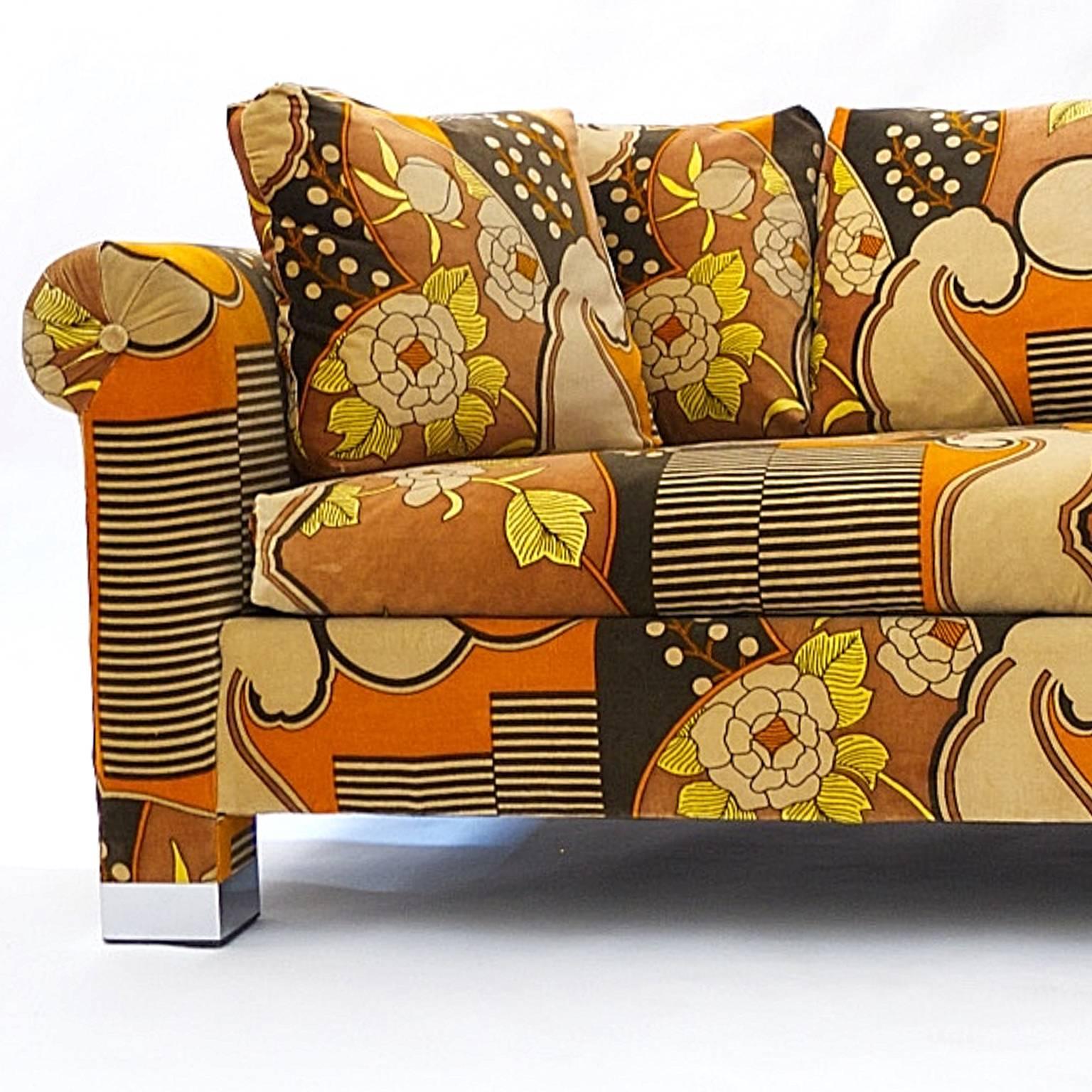 Mid-Century Modern Custom 1970s Sofa with Chrome Feet and Larsen Velvet Upholster