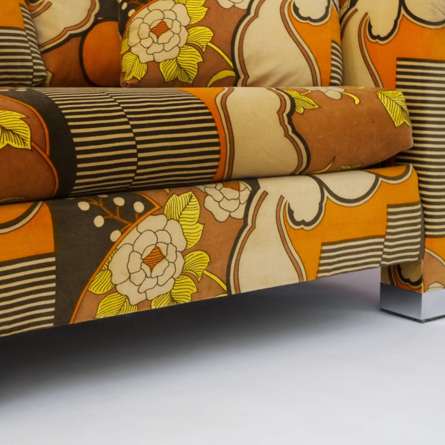 Custom 1970s Sofa with Chrome Feet and Larsen Velvet Upholster In Excellent Condition In Hudson, NY