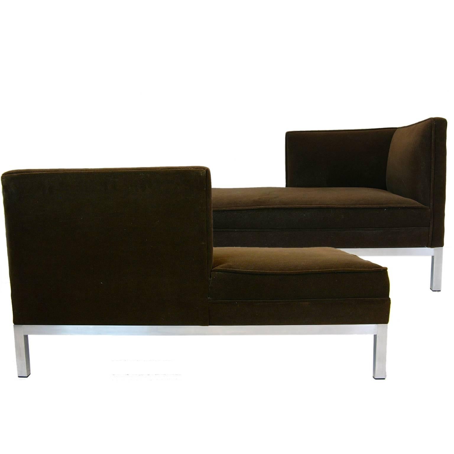 Pair of identical Charter/ Brown Jordan chaise longues in a deep brown velour upholstery. The base/ legs are a brushed aluminum. The pair can be configured to create a lovely tête-à-tête as shown. Priced per piece.
