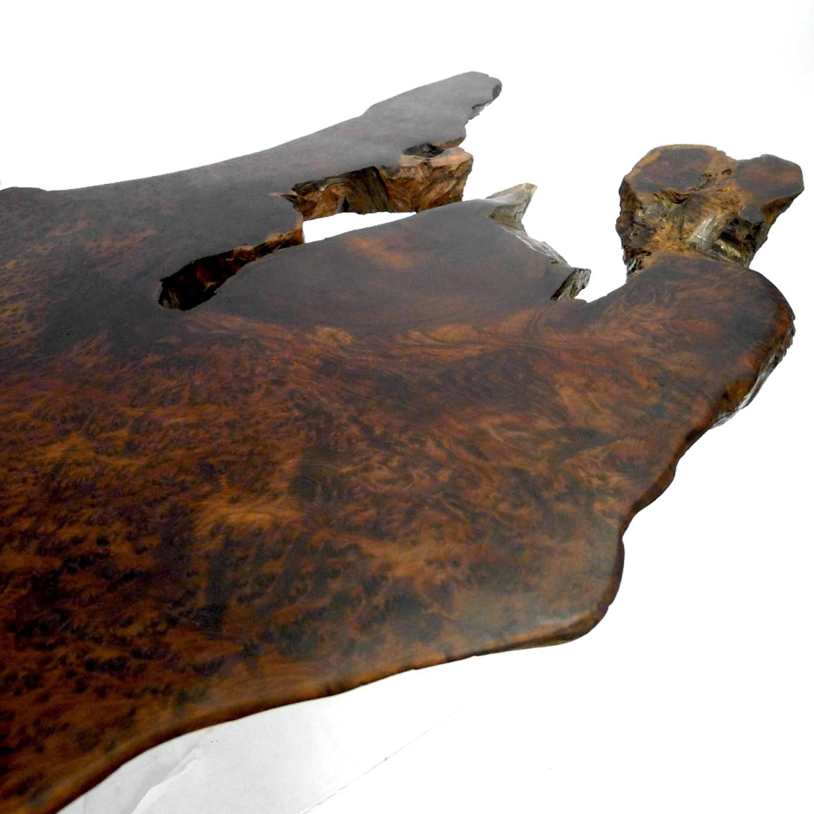 Truly stunning and unique burled redwood table floating on a Lucite base. This table is a piece of art, circa 1970s. Maker unknown.