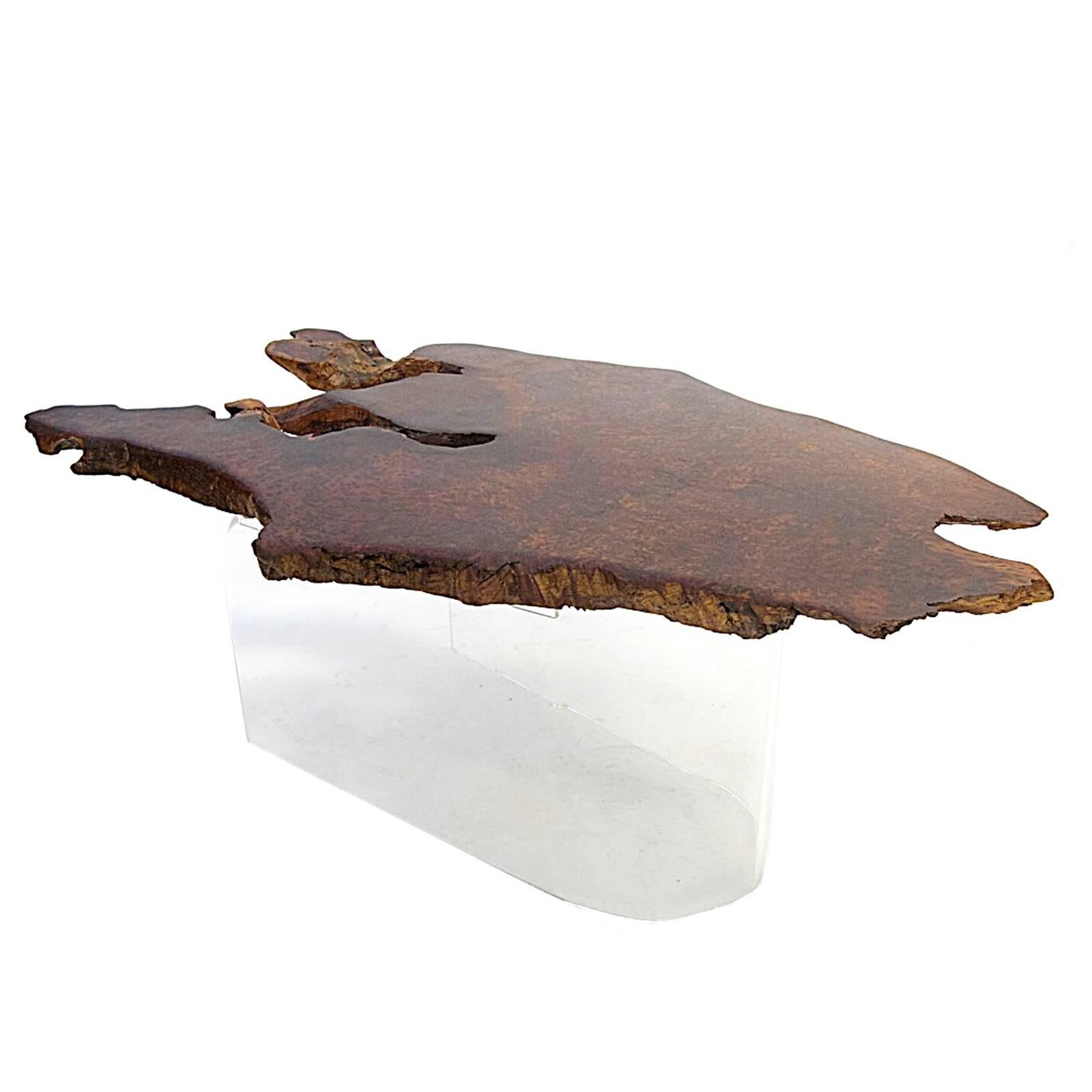 Sculptural One of a Kind Burled Redwood and Lucite Floating Coffee Table