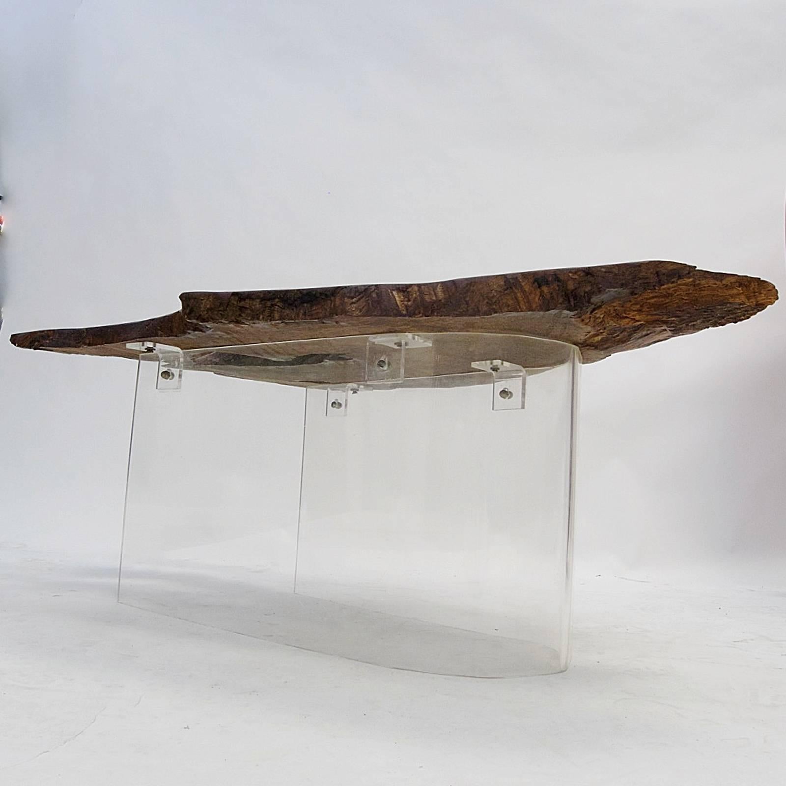 Wood Sculptural One of a Kind Burled Redwood and Lucite Floating Coffee Table