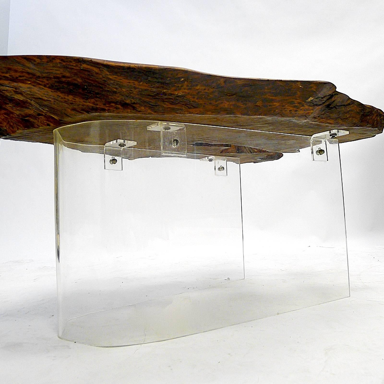 American Sculptural One of a Kind Burled Redwood and Lucite Floating Coffee Table