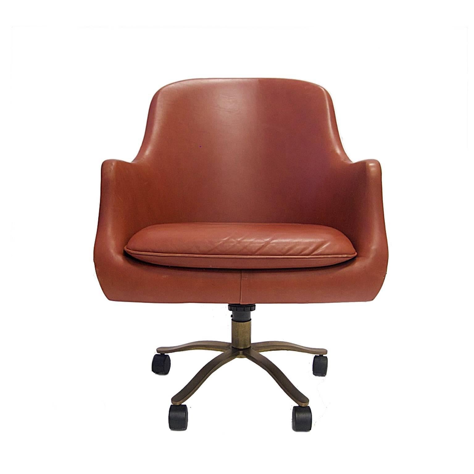 Nico Zographos Red Leather English Office Desk Chair with Brass Base on Casters
