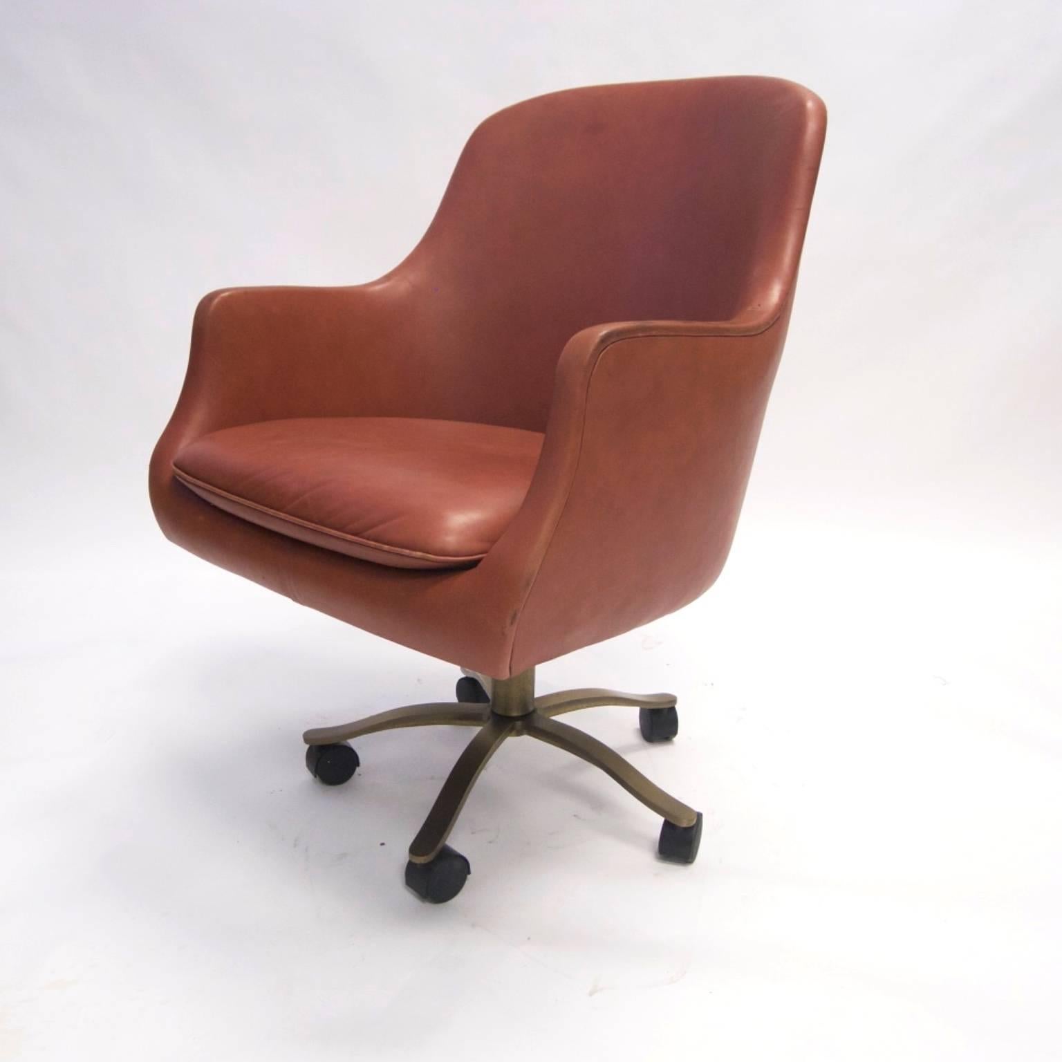 American Nico Zographos Red Leather English Office Desk Chair with Brass Base on Casters
