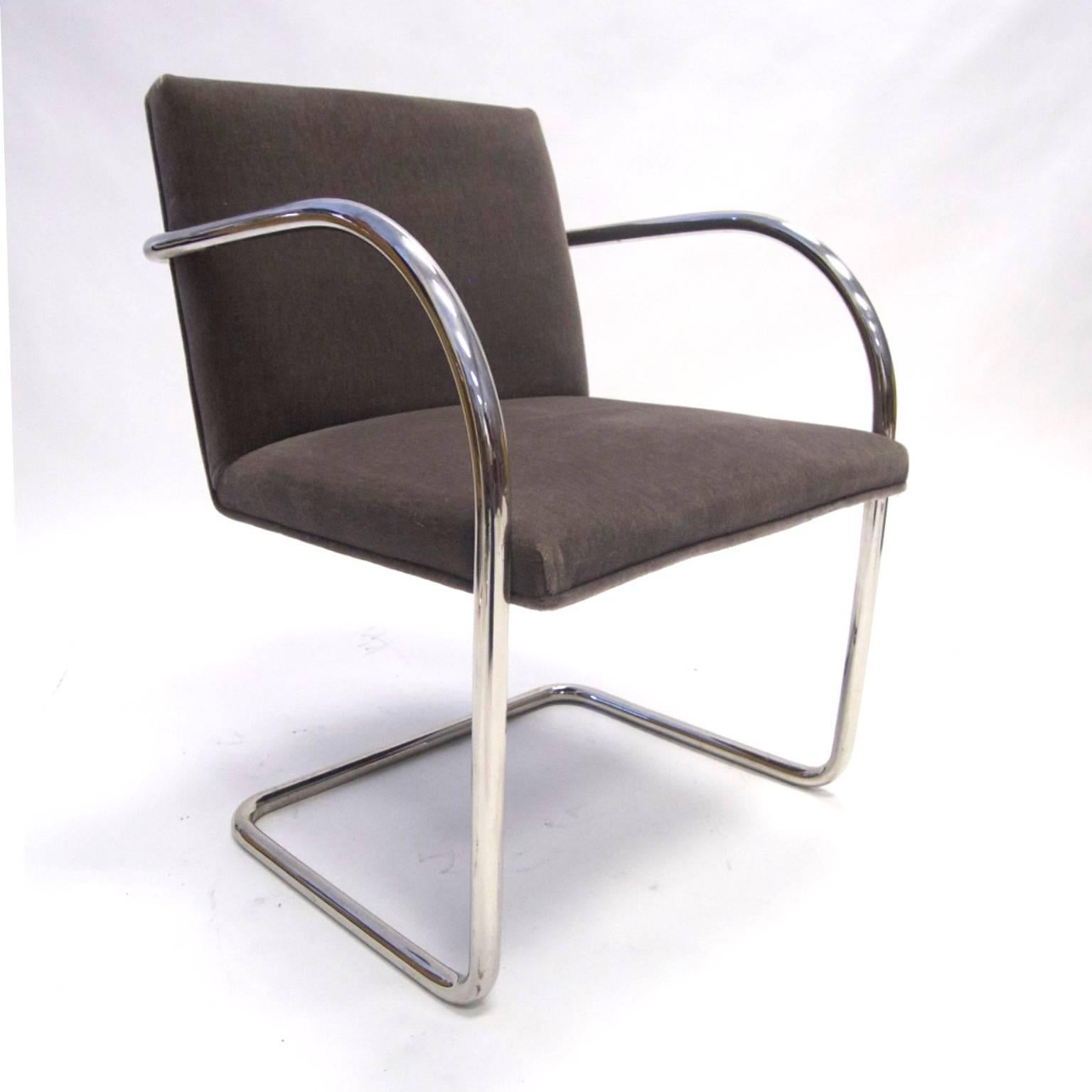 A single Mies van der Rohe Brno chair in a Mohair type fabric with stainless steel frame.