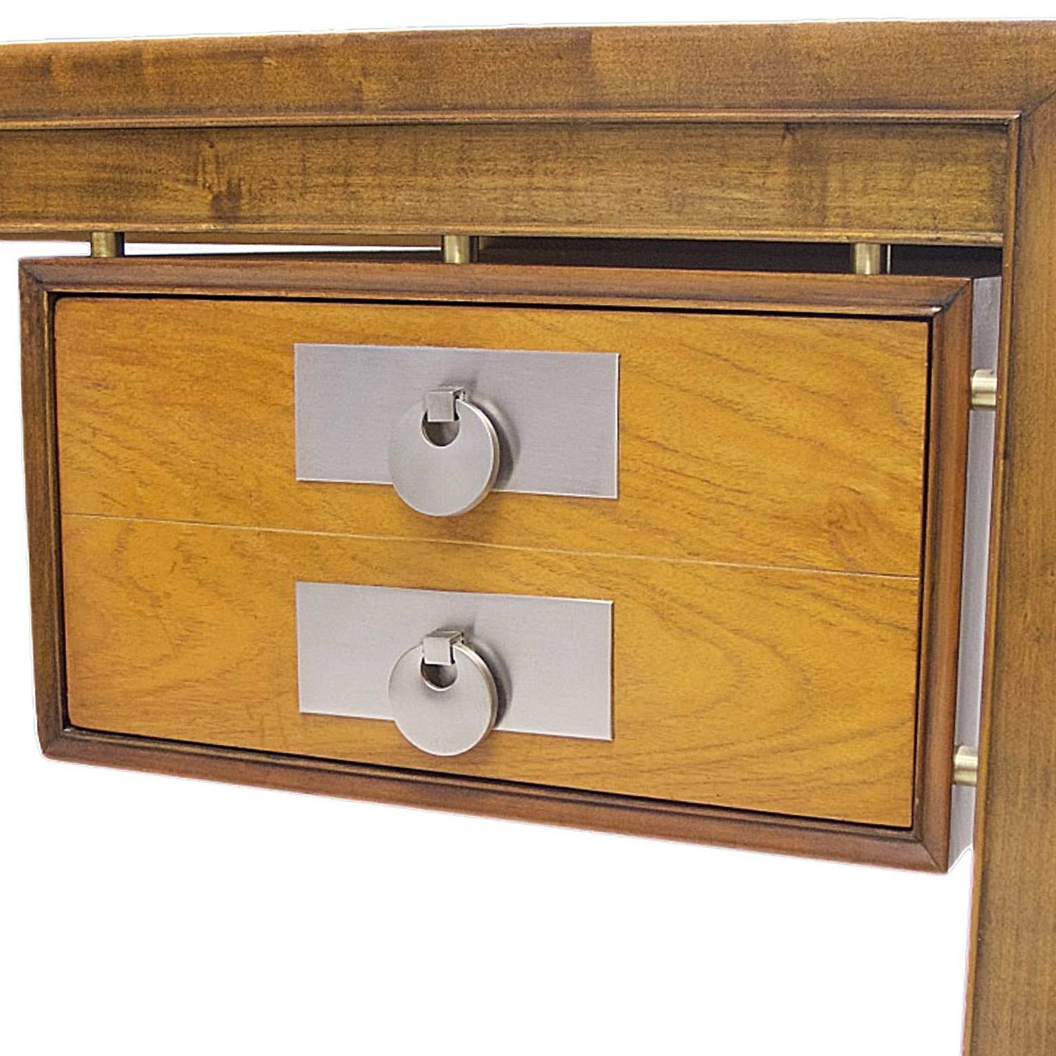 Brass Michael Taylor for Baker Mid-Century Modern Desk in Walnut with Disc Pulls