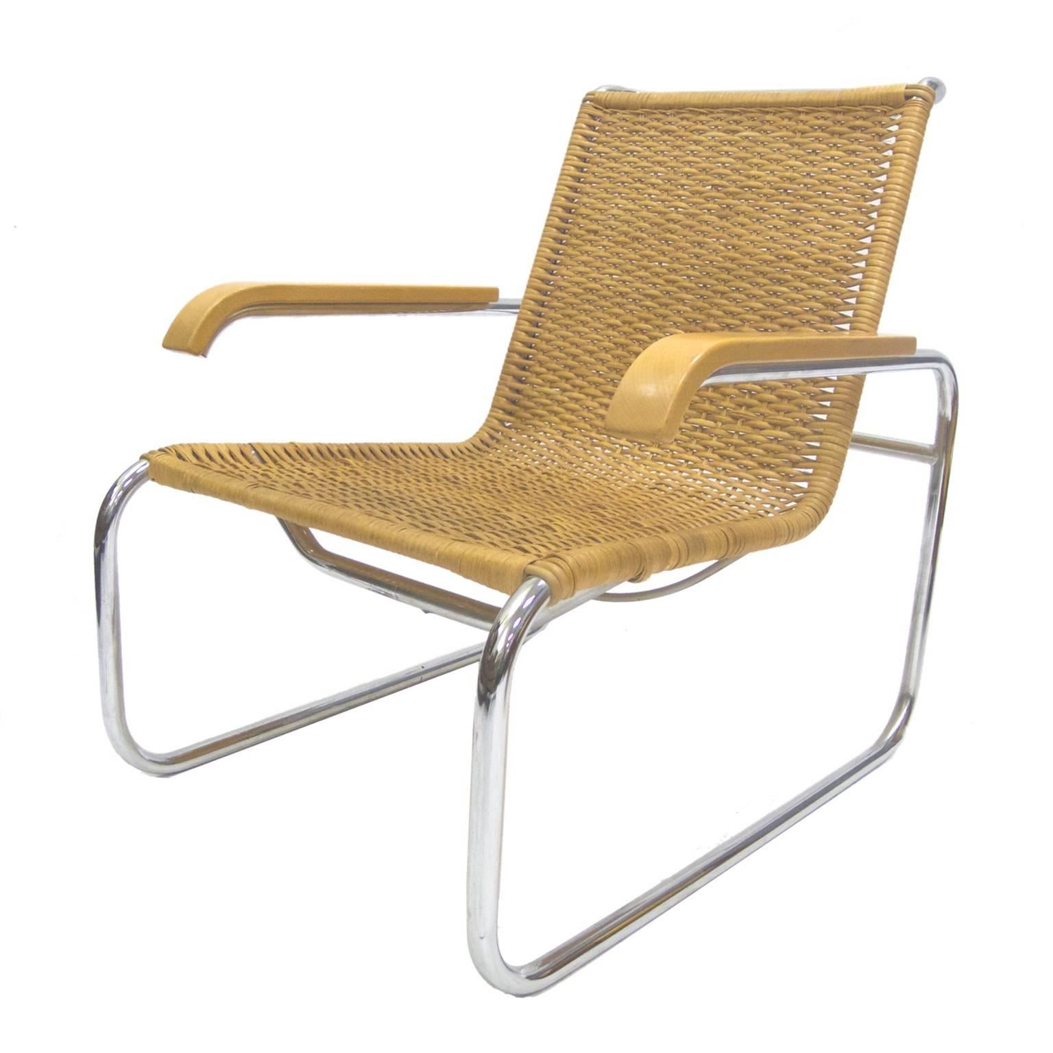 Bauhaus Marcel Breuer B 35 Lounge Chair for Thonet in Chrome and Woven Rattan