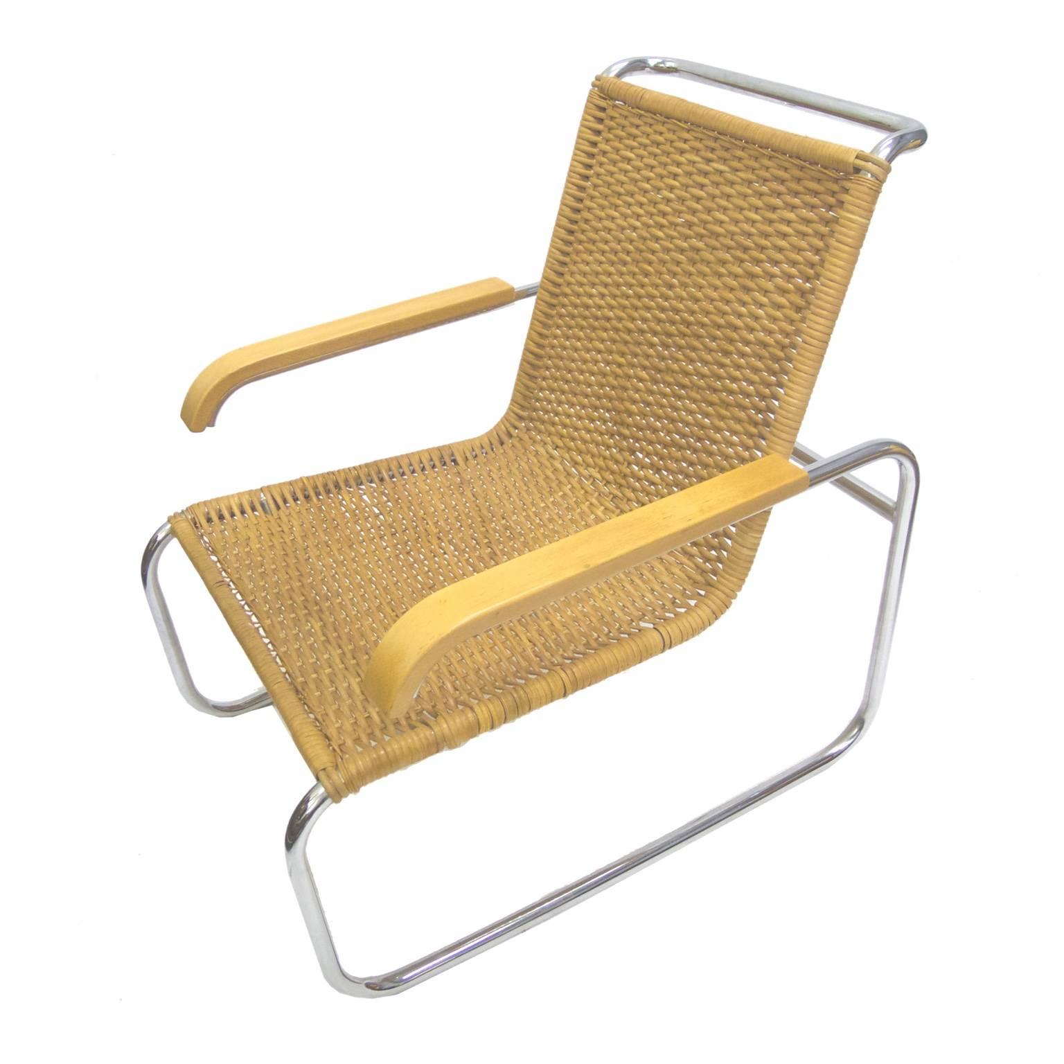 German Marcel Breuer B 35 Lounge Chair for Thonet in Chrome and Woven Rattan