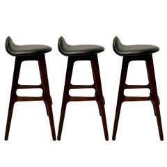 Set of Three Vintage Danish Barstools by Erik Buch in Rosewood and Black Leather