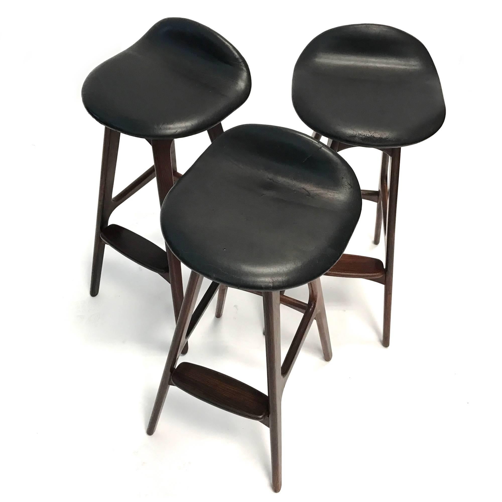 Set of Three Vintage Danish Barstools by Erik Buch in Rosewood and Black Leather 1