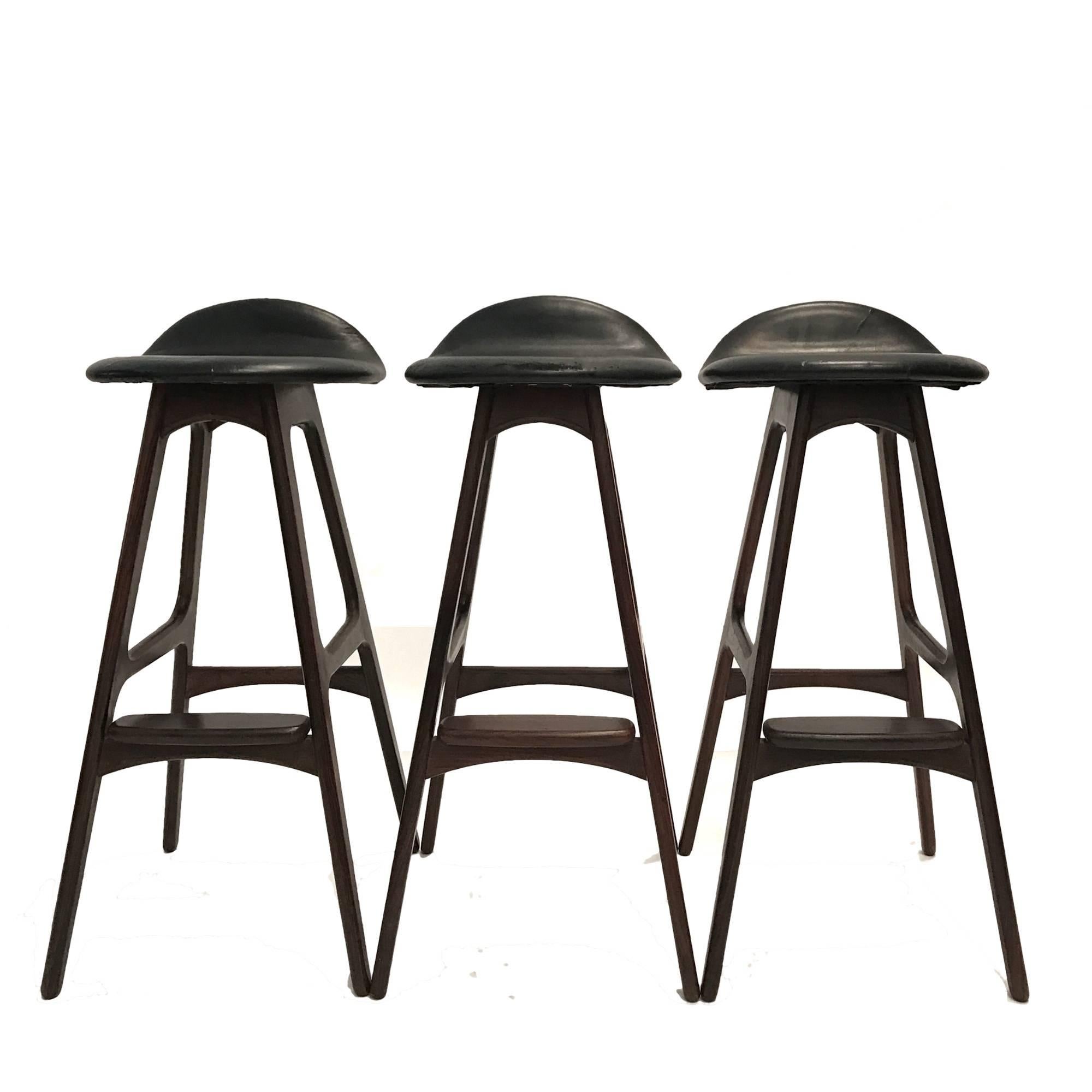 Mid-20th Century Set of Three Vintage Danish Barstools by Erik Buch in Rosewood and Black Leather
