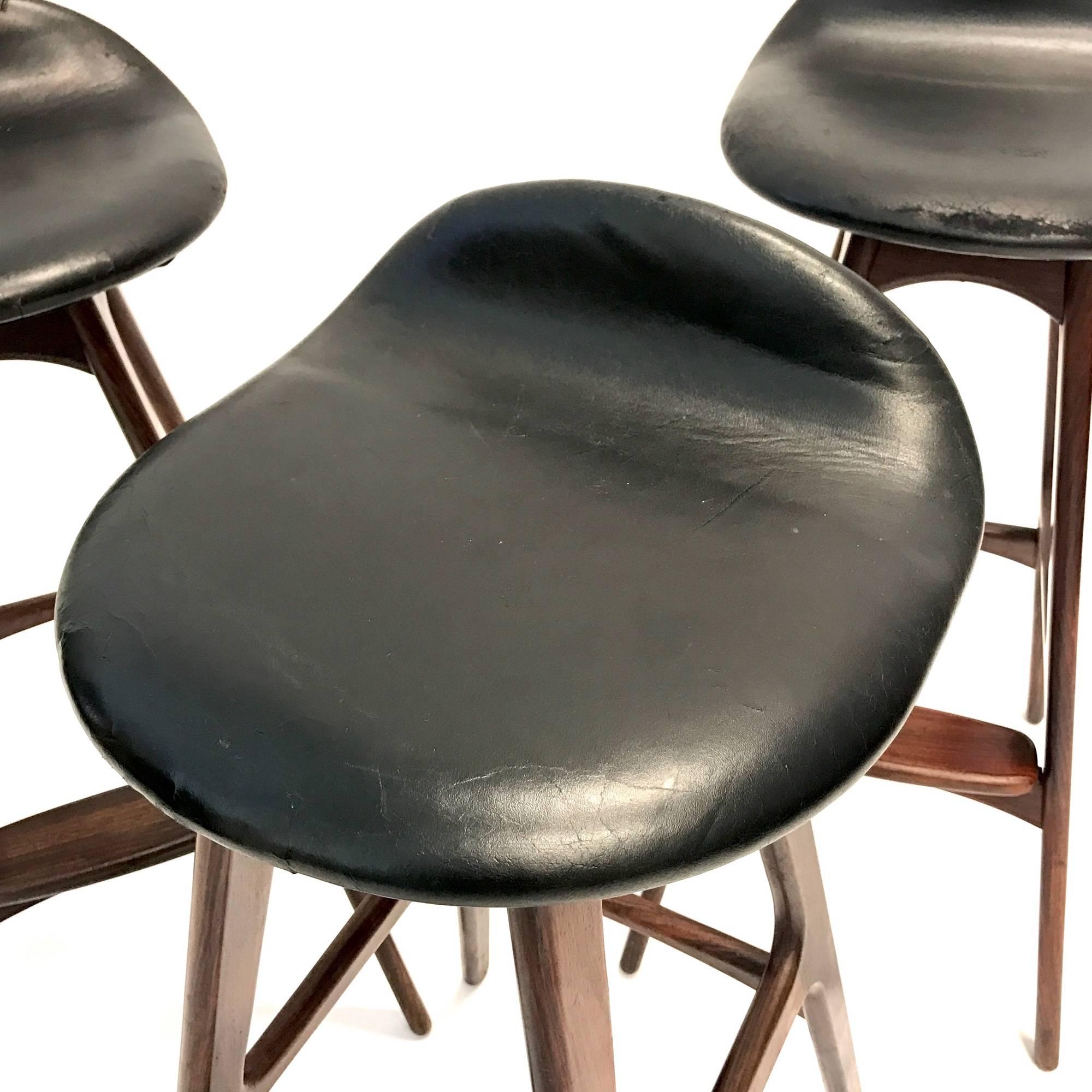 Set of Three Vintage Danish Barstools by Erik Buch in Rosewood and Black Leather 3