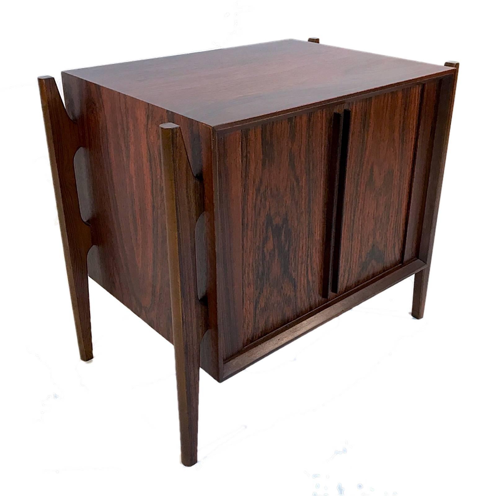 Jorgen Clausen for Brande Møbelfabrik rosewood nightstands with tambour door and an adjustable interior shelf.