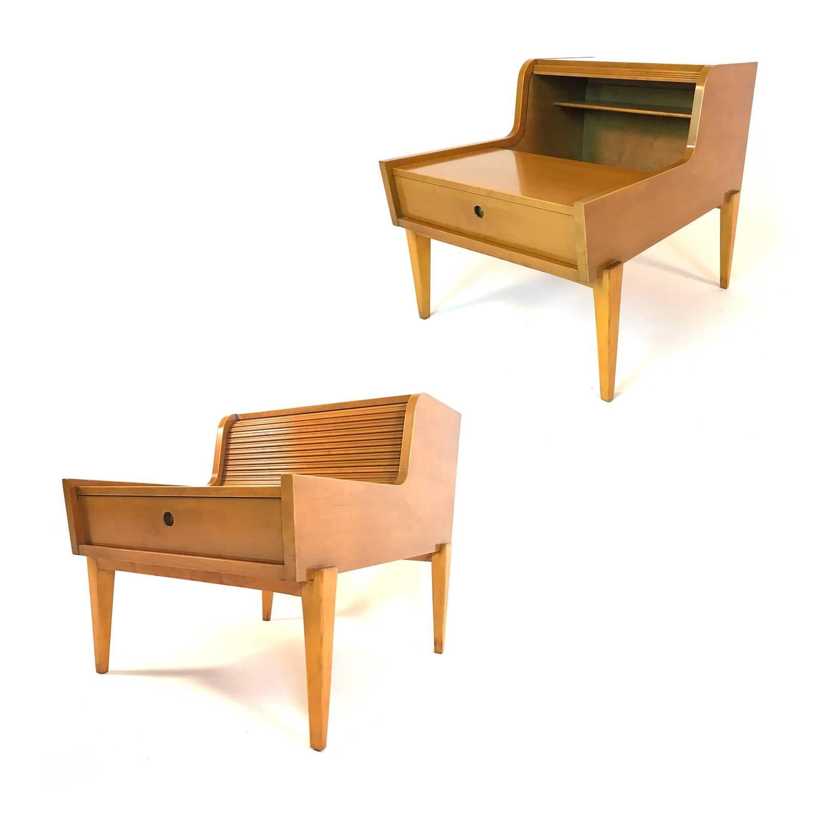 Scandinavian Modern Pair of Edmund J. Spence Nightstands or End Tables with Tambour Door and Drawer