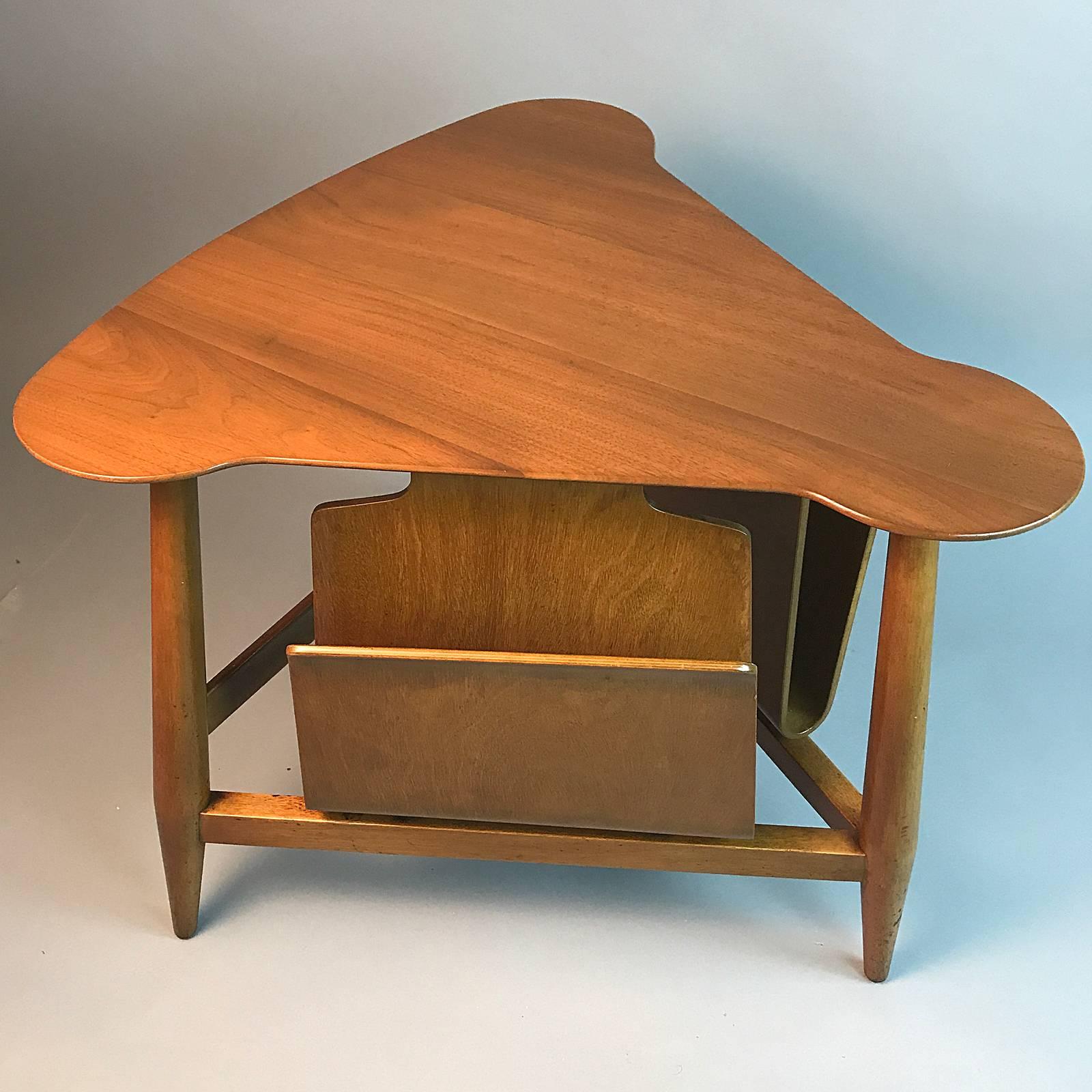 Brass Edward Wormley for Dunbar Wedge Shaped Magazine Table in Sap Walnut & Malabar