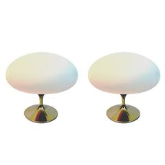 Pair of Brass Base 1970s Mushroom Laurel Lamps with Blown Italian Glass Shades