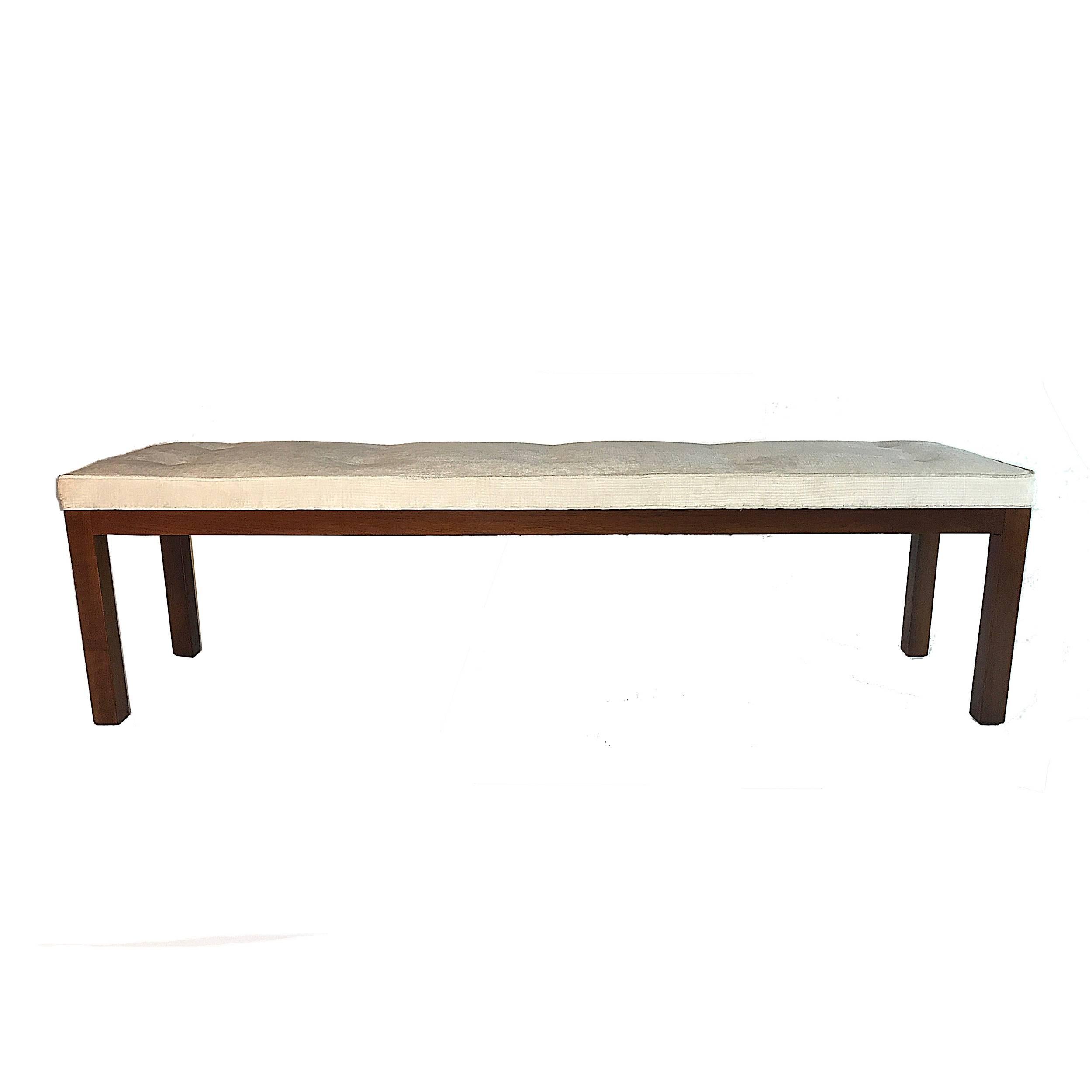 Mid-Century Modern Harvey Probber Tufted Bench with Parson Style Mahogany Base and Textured Velvet