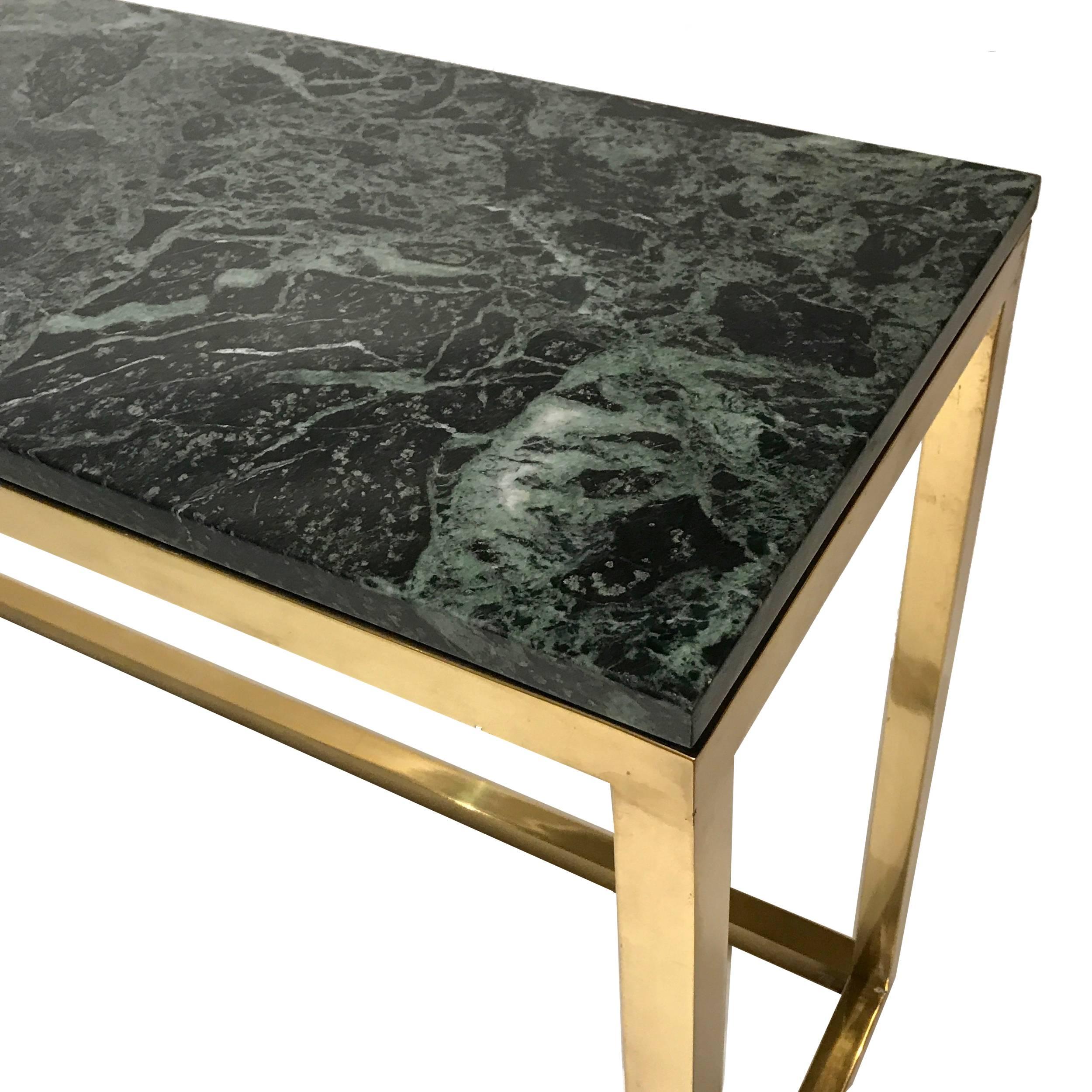 Polished Sleek & Modern Heavy Pace Collection Green Marble and Brass Frame Console Table