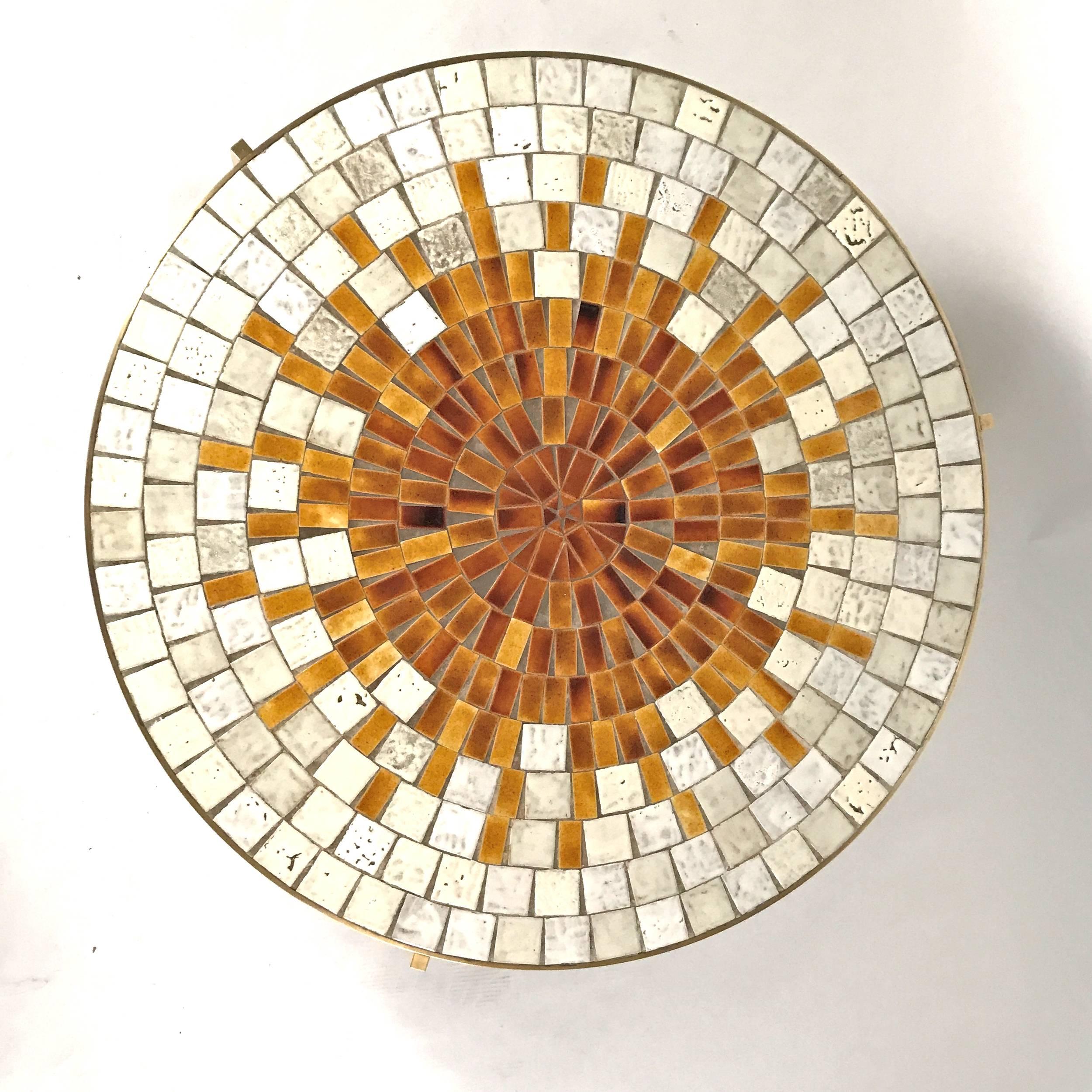 Mid-Century Modern Rare Mosaic Top Table with Solid Brass Three-Legged Stilt Base by Mosaic House