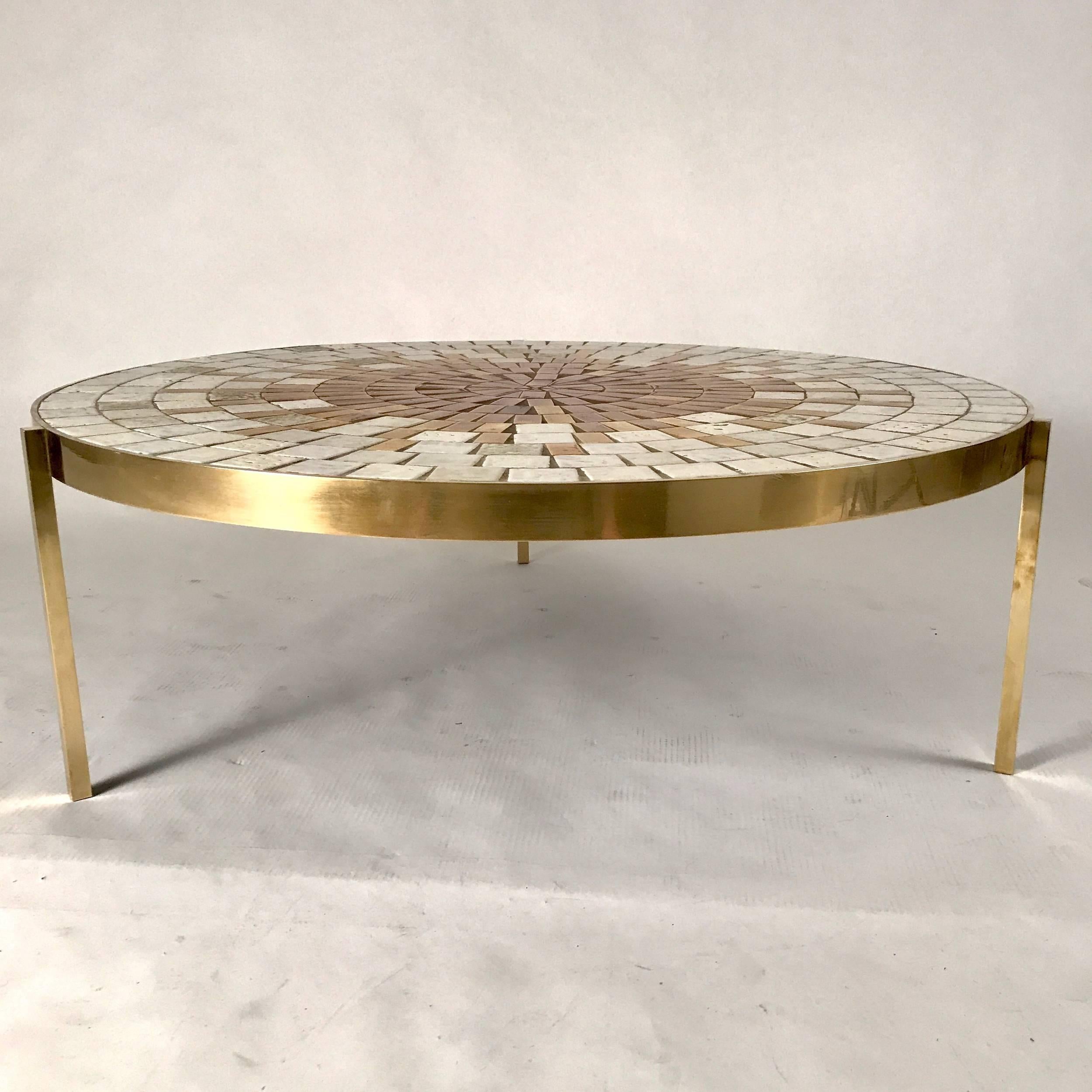Glazed Rare Mosaic Top Table with Solid Brass Three-Legged Stilt Base by Mosaic House