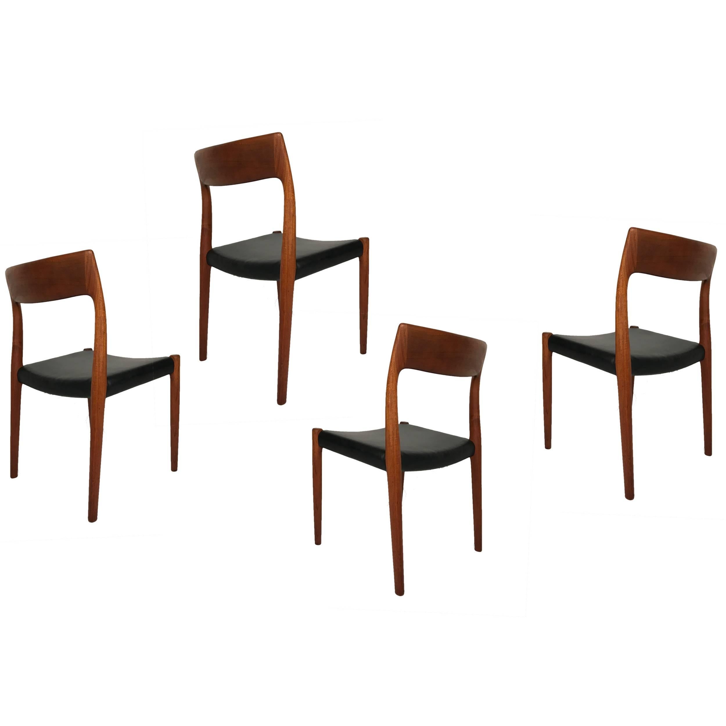 Scandinavian Modern Set of Four Niels Otto Møller Number 77 Teak and Leather Dining Chairs