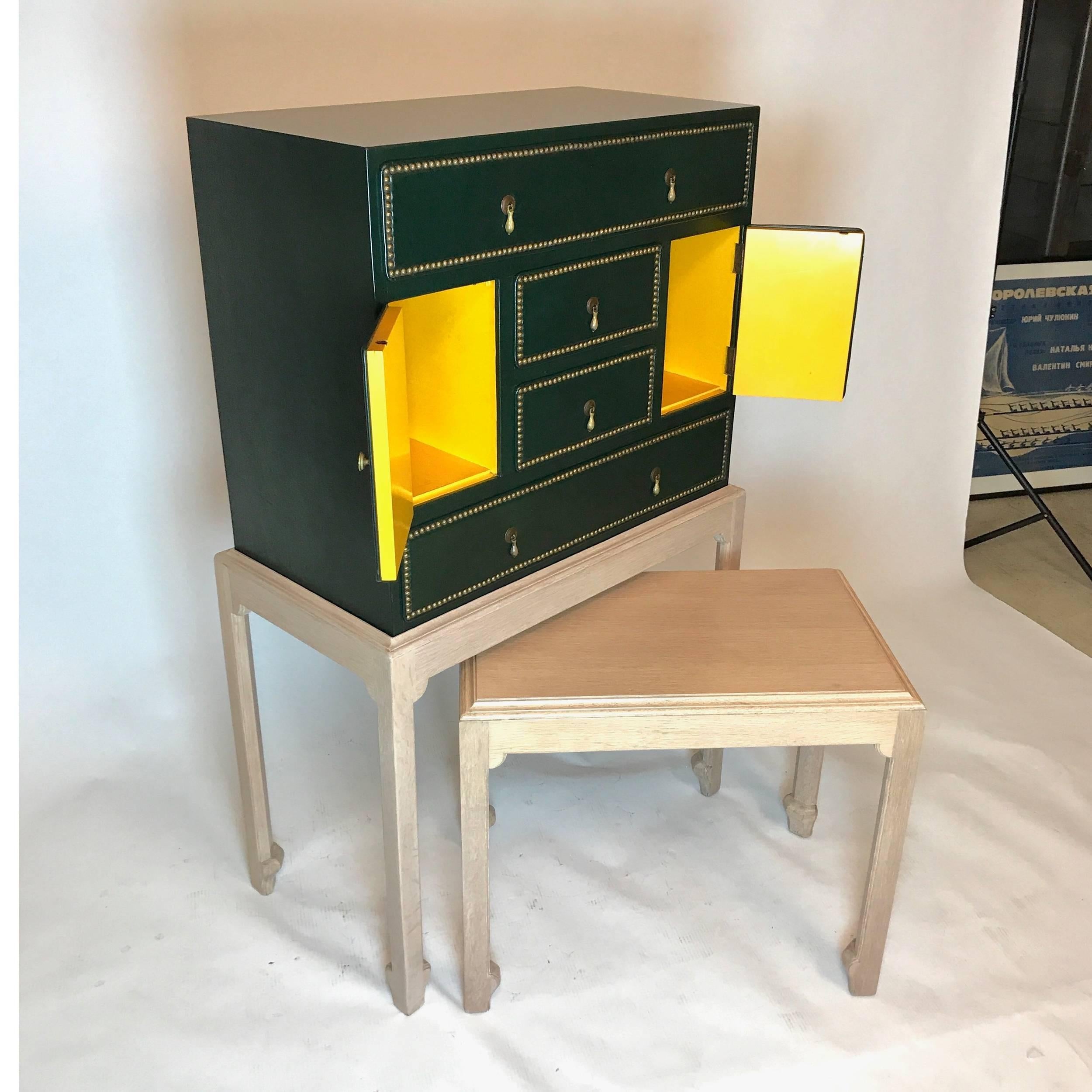 Regency Edward Wormley Dunbar Leather and Bleached Cerused Oak Cabinet with Nested Table