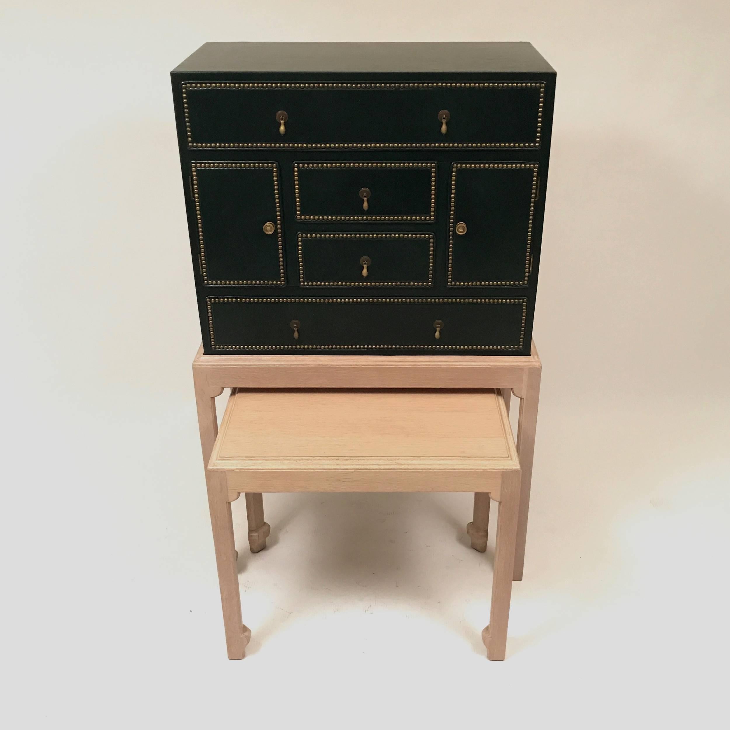 American Edward Wormley Dunbar Leather and Bleached Cerused Oak Cabinet with Nested Table