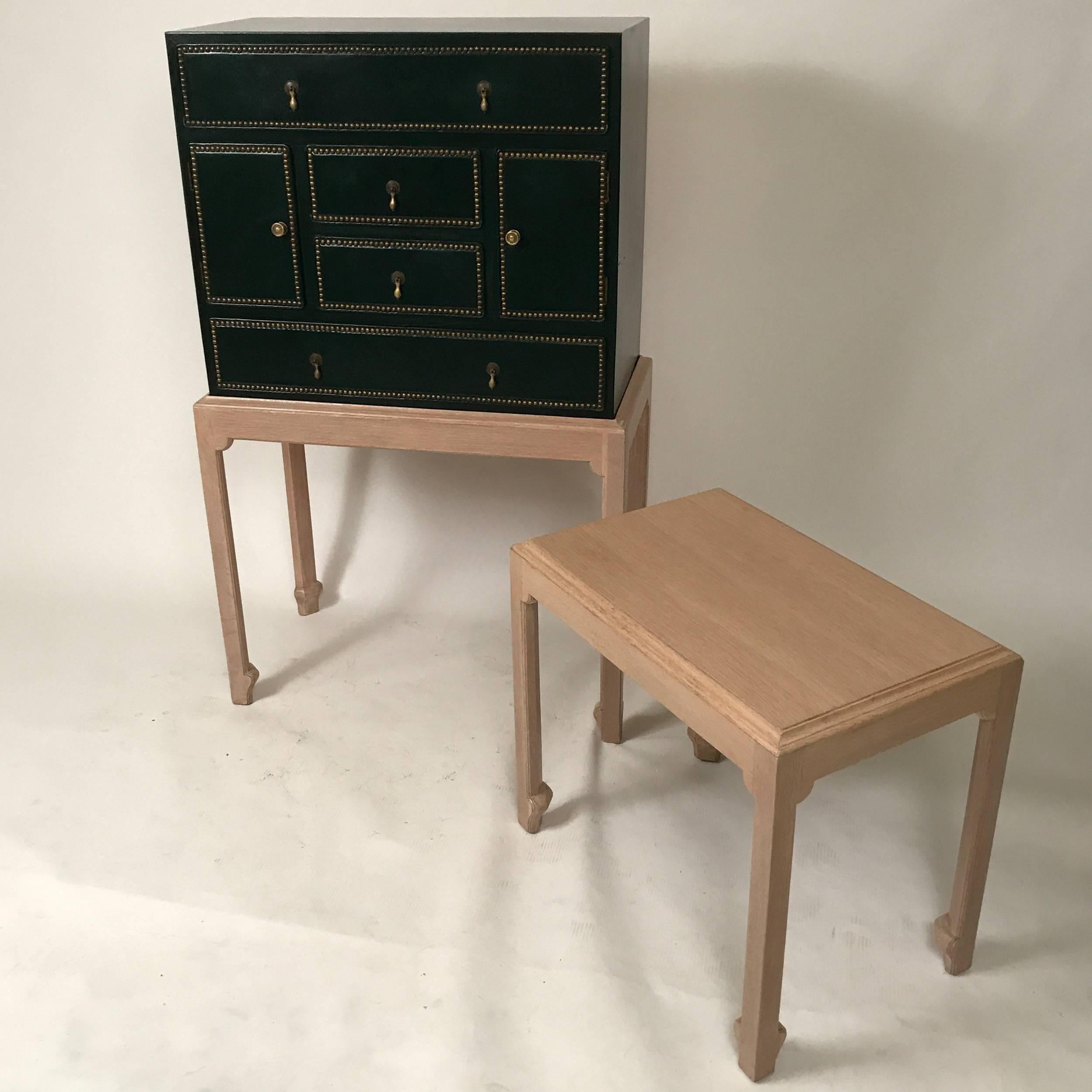 Edward Wormley Dunbar Leather and Bleached Cerused Oak Cabinet with Nested Table In Excellent Condition In Hudson, NY