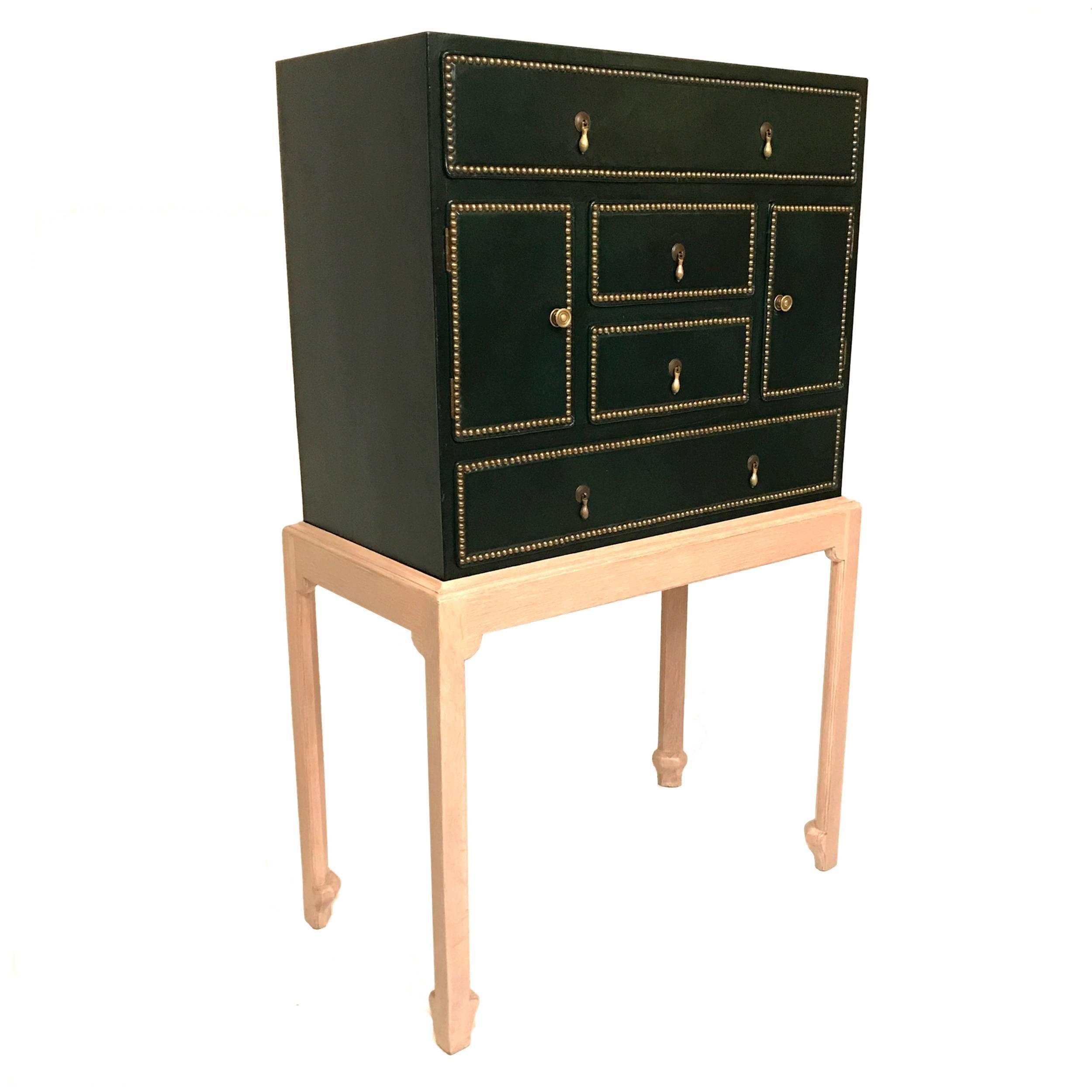 20th Century Edward Wormley Dunbar Leather and Bleached Cerused Oak Cabinet with Nested Table