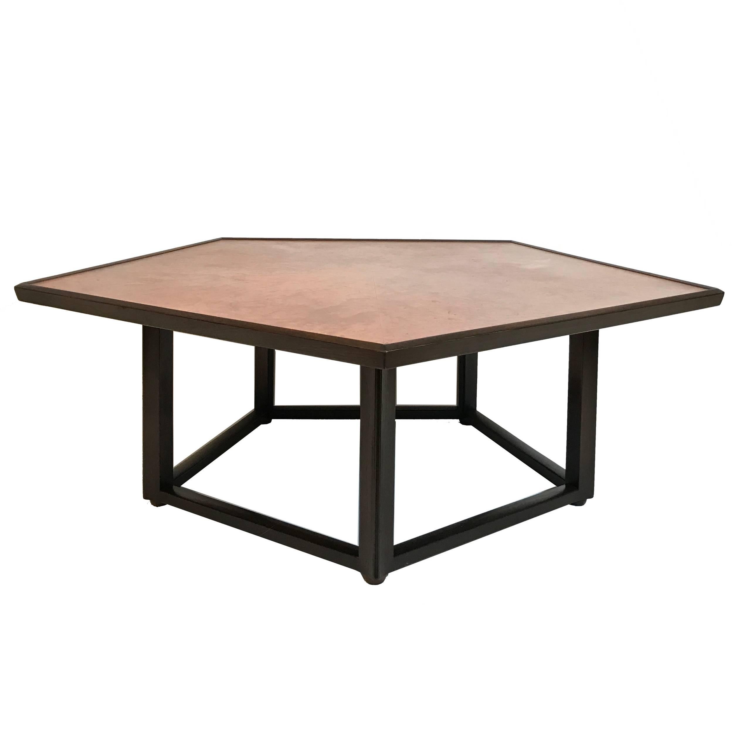 Gorgeous center Pentagon shaped table by Dunbar. Stunning design constructed of three types of exotic wood.
