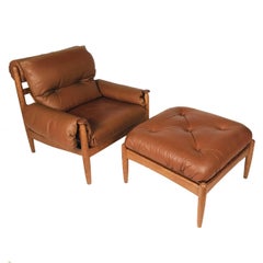 Danish Modern Oak & Leather Lounge Chair & Ottoman Manner of Finn Juhl Bwana