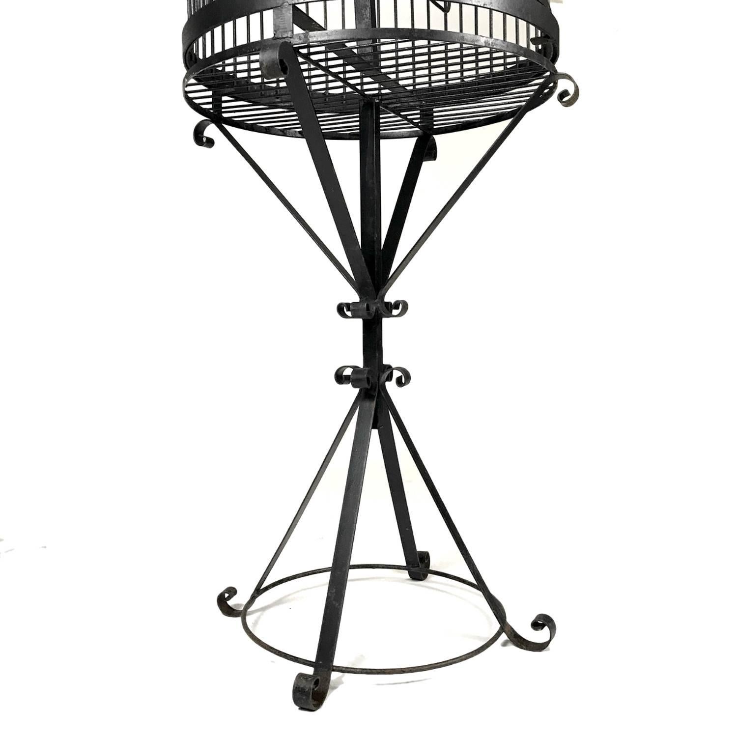 Arts and Crafts Monumental Wrought Iron Parrot Birdcage on Pedestal, Early 20th Century