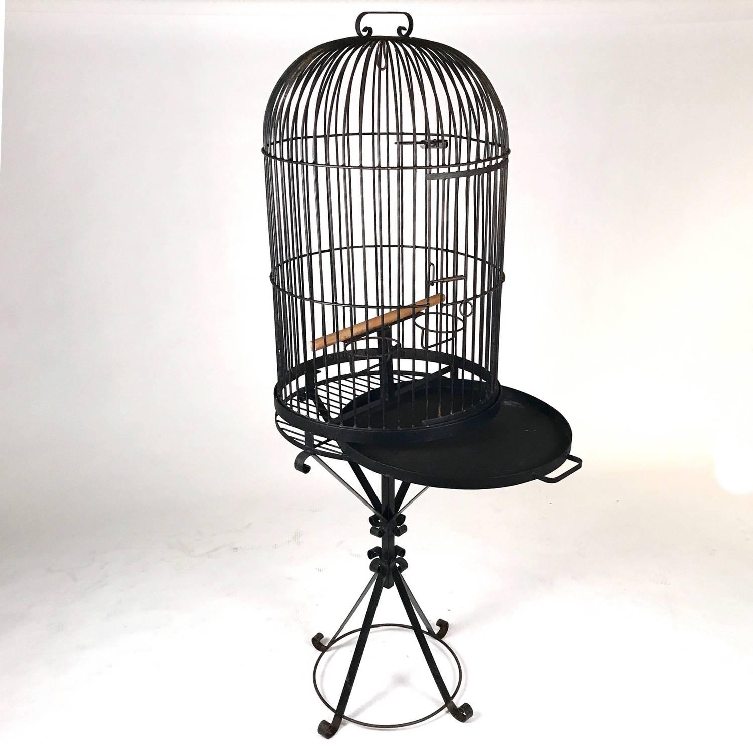 American Monumental Wrought Iron Parrot Birdcage on Pedestal, Early 20th Century