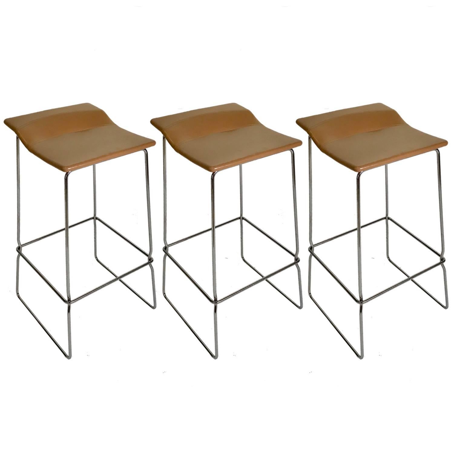 Set of Three Last Minute Stitched Leather & Steel Bar Stools, Patricia Urquiola