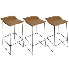 Set of Three Last Minute Stitched Leather & Steel Bar Stools, Patricia Urquiola