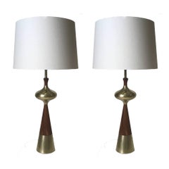 Pair of Mid-Century Modern Tony Paul Walnut and Brass Sculptural Lamps