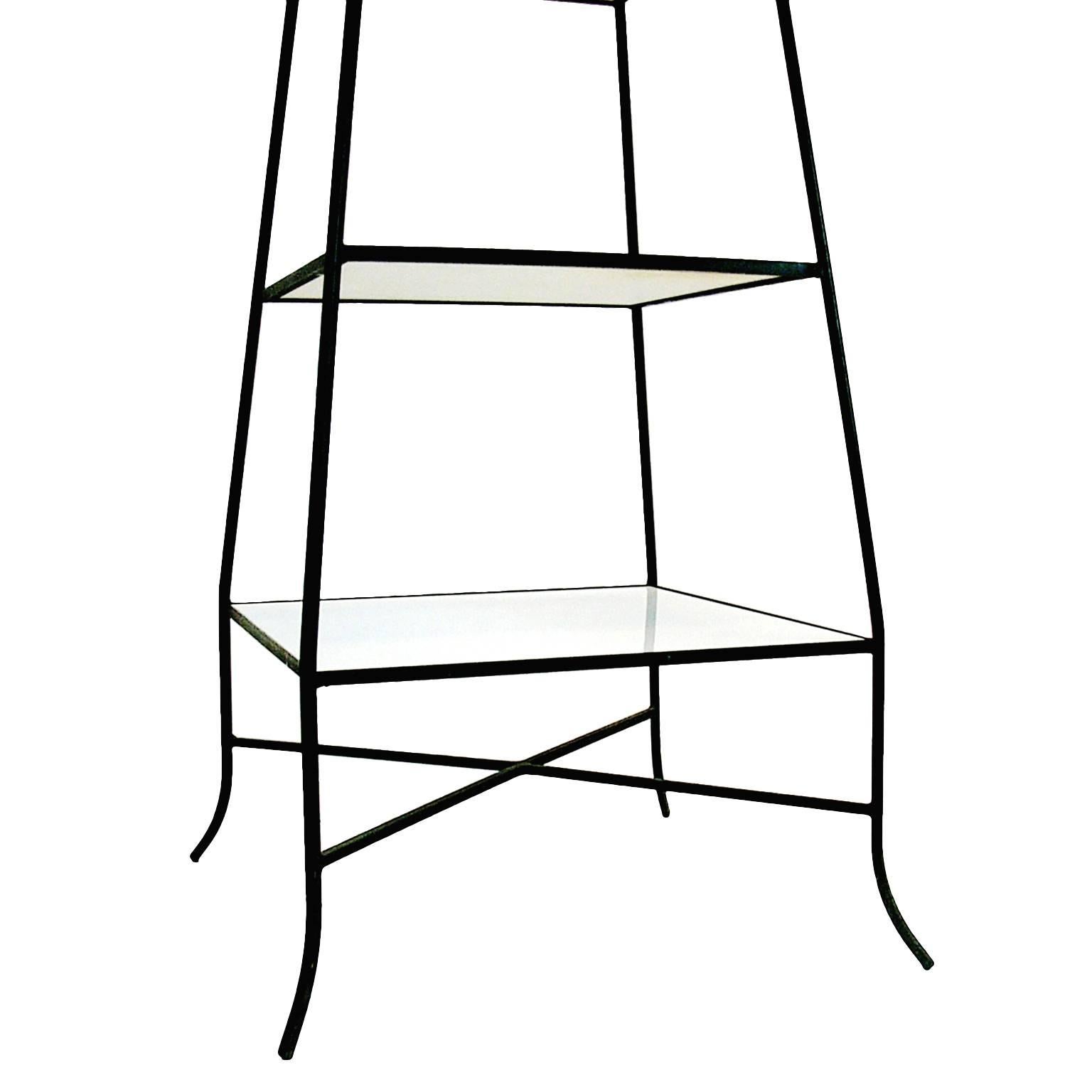 Hollywood Regency Decorative Tommi Parzinger Style Wrought Iron and Milk Glass Etagere Tower Shelf
