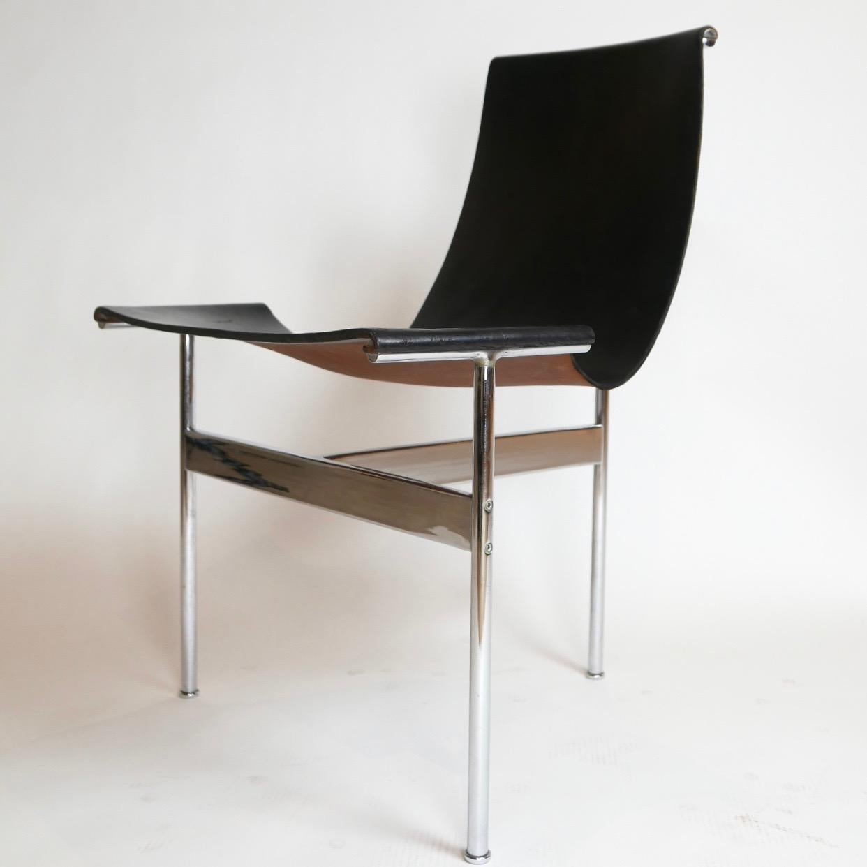 Fantastic set of excellent vintage 1960s T-chairs in black leather with chrome frames. William Katavolos in collaboration with Douglas Kelley & Ross Littell designed the iconic leather sling T chair model 3LC in 1952 as part of Laverne's Sculptural