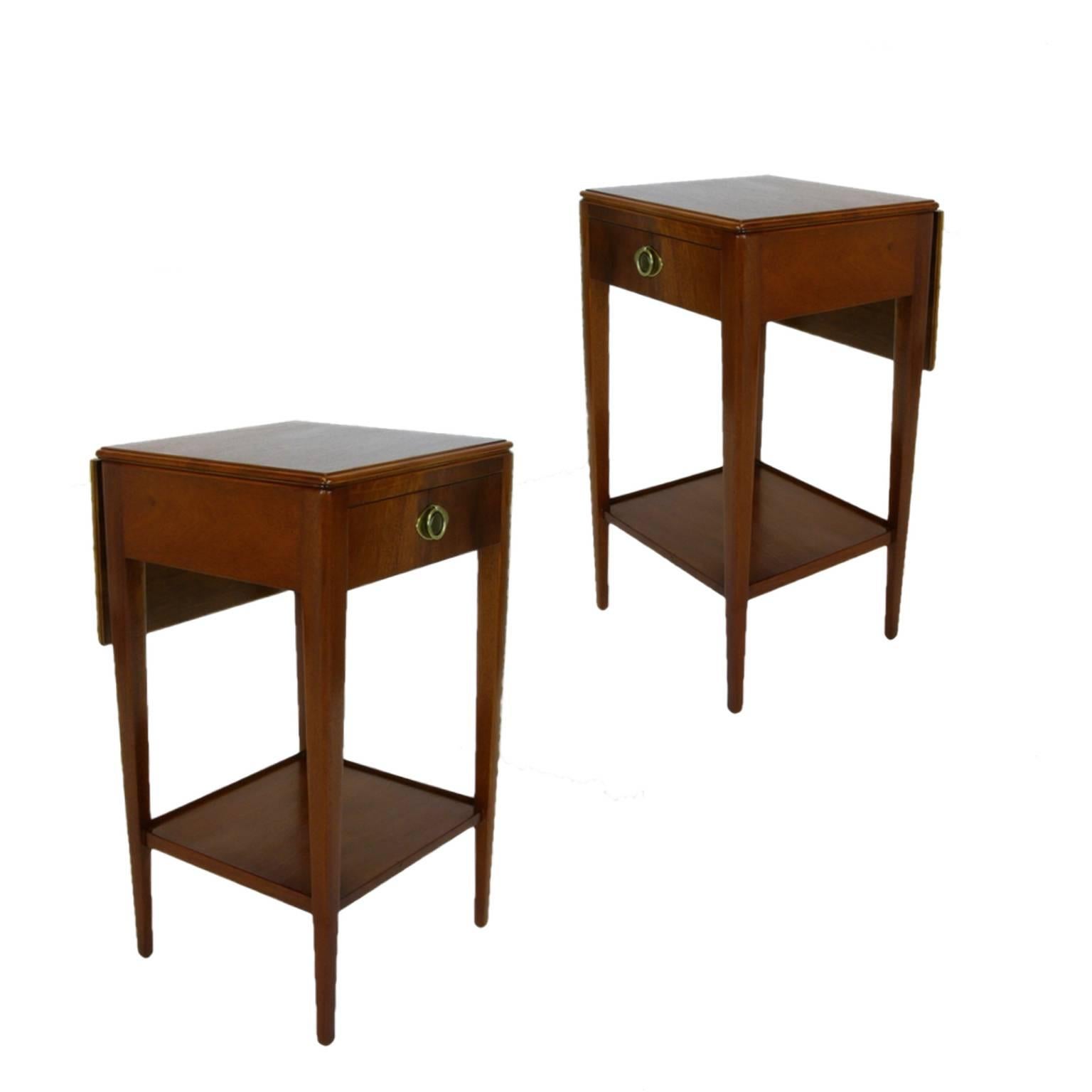 Freshly restored bedside tables by Johnson Furniture. Retailed by John Stuart. Each stand has a single drawer, a shelf and a 10