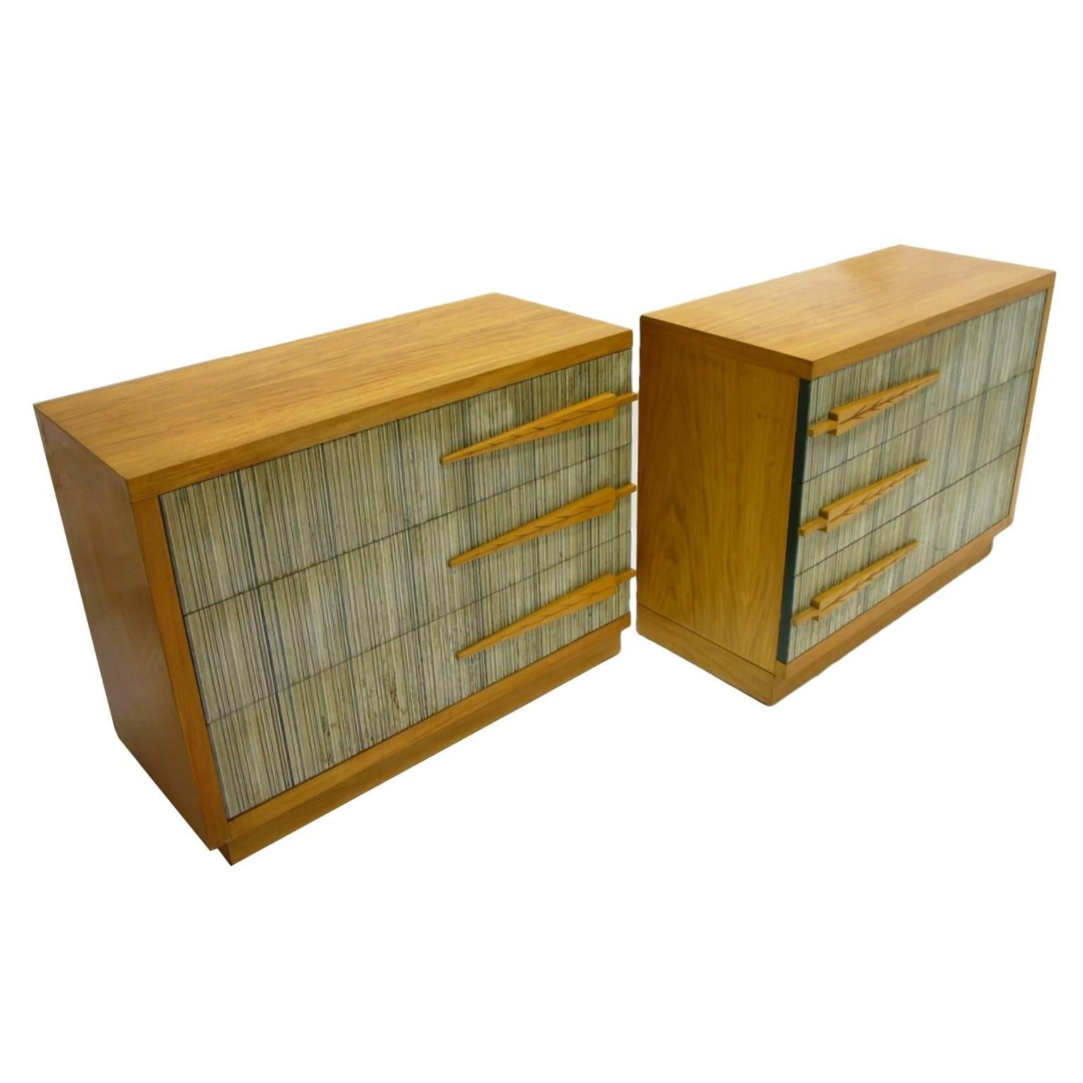 American Pair of Mirror Image Dressers with Combed Wood Detail by Modernage