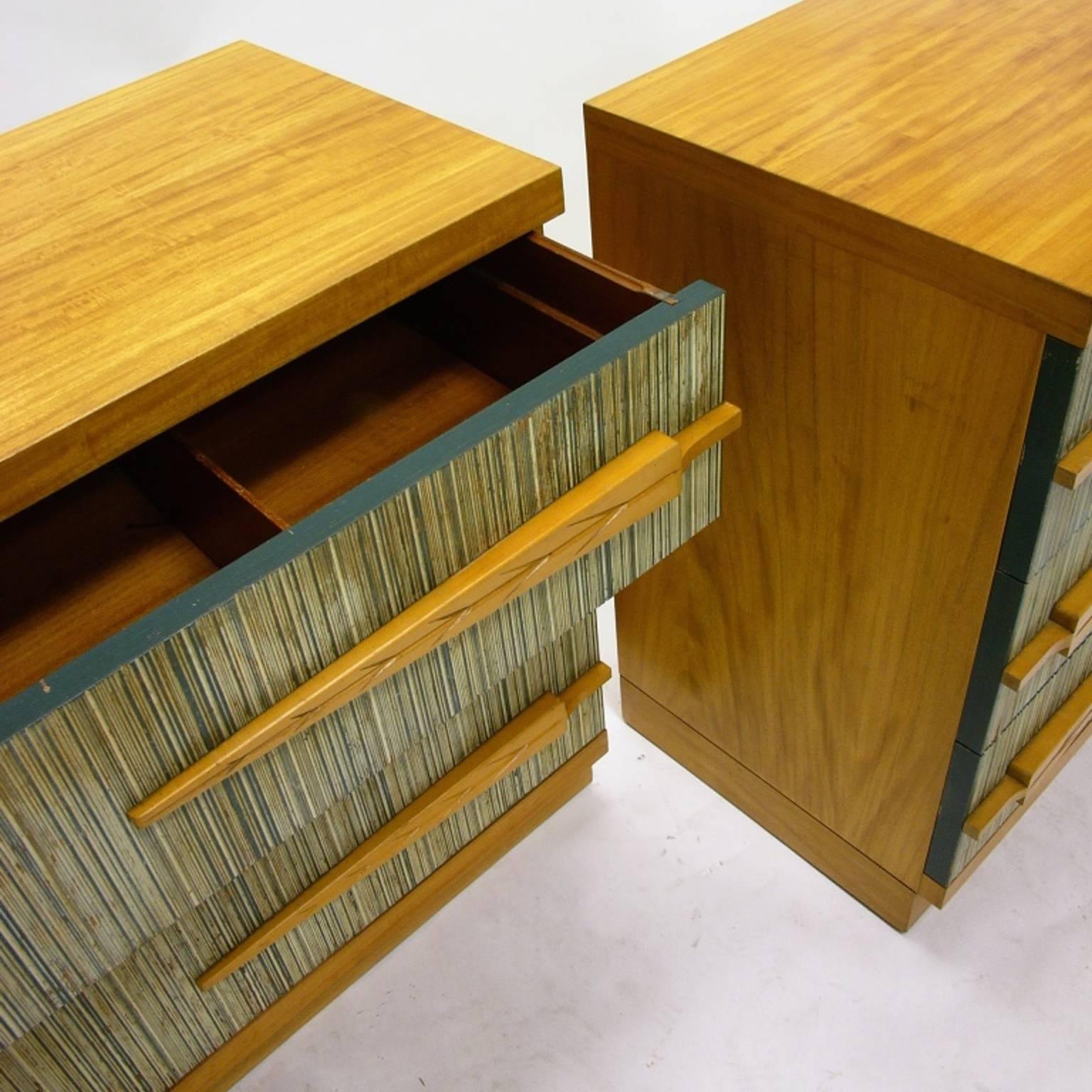 Mid-20th Century Pair of Mirror Image Dressers with Combed Wood Detail by Modernage