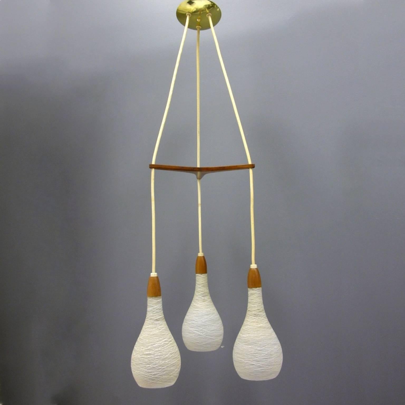 Mid-Century Teak and Glass Pendant Chandelier Attributed to Luxus of Sweden In Good Condition In Hudson, NY