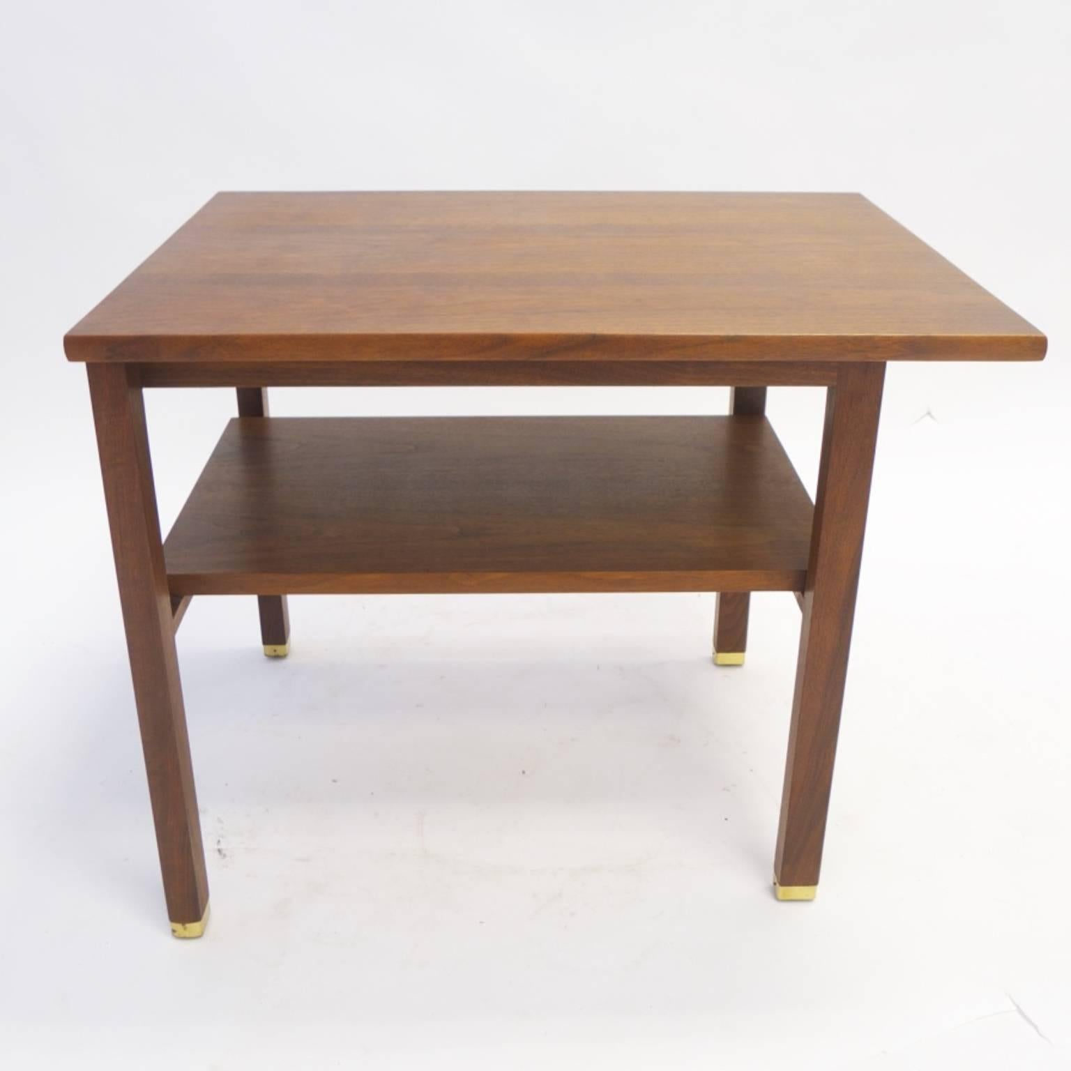 Mid-Century Modern Pair of Ed Wormley Dunbar Streamlined Walnut End Tables w Shelf and Brass Feet