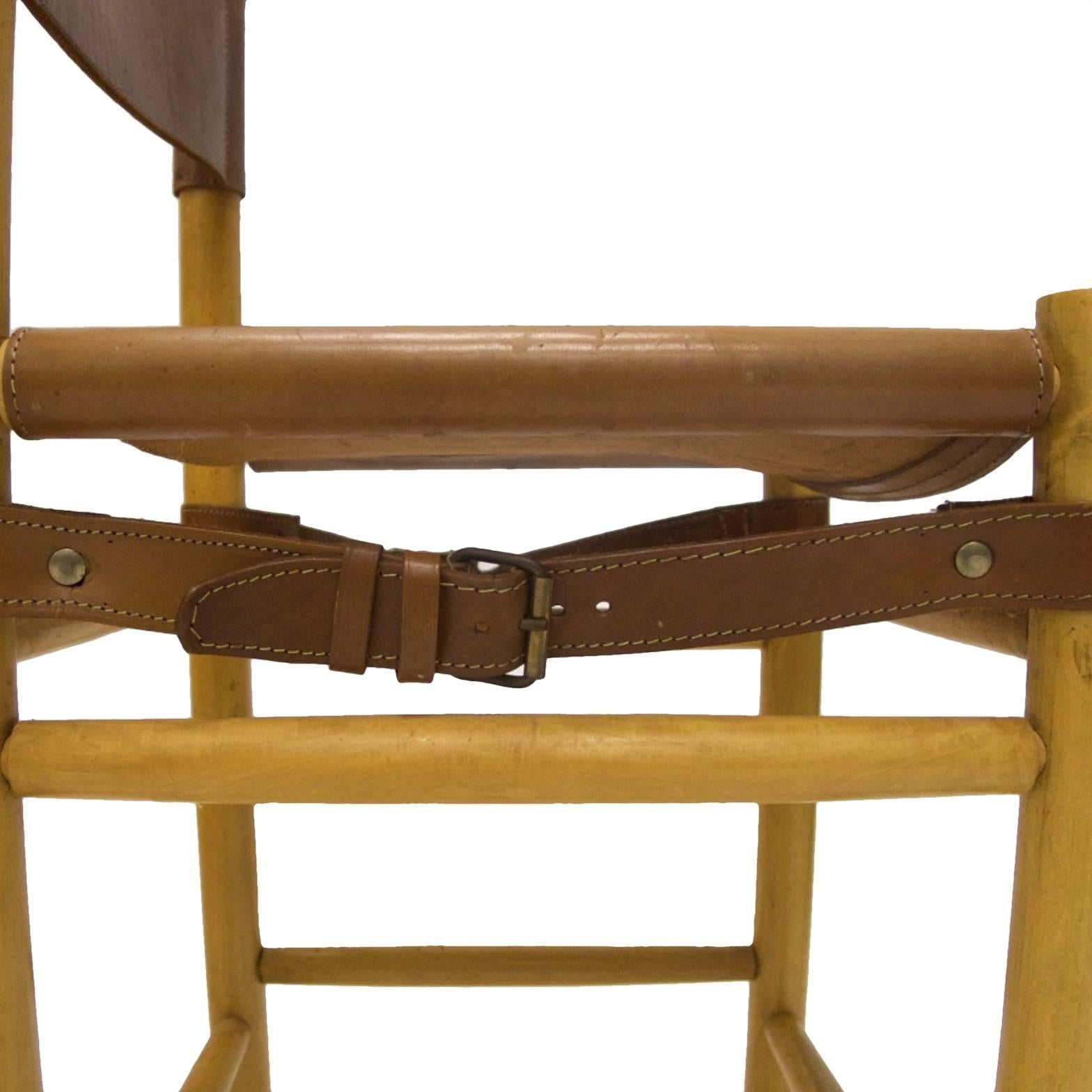 Mid-Century Modern Leather with Buckles Safari Style Bar Stools in the Manner of Michel Arnoult